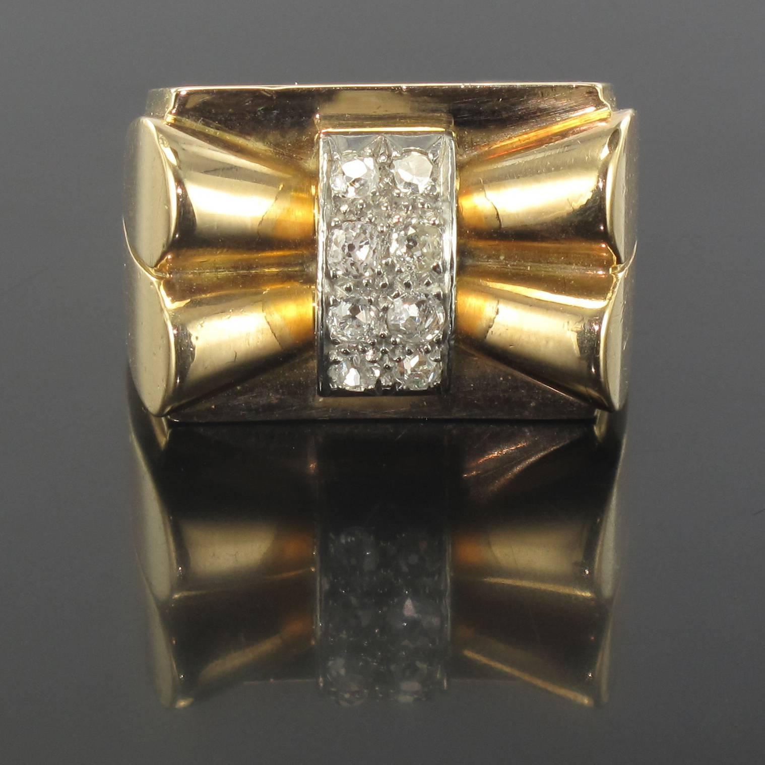 Women's French Diamond Gold Bow Tank Ring
