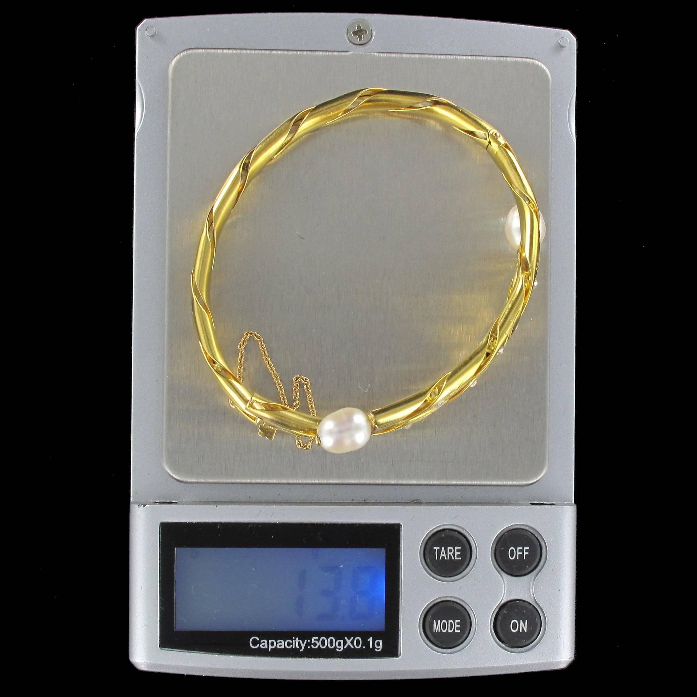 Antique Engraved Pearl Fine Diamond Gold Bangle Bracelet  3