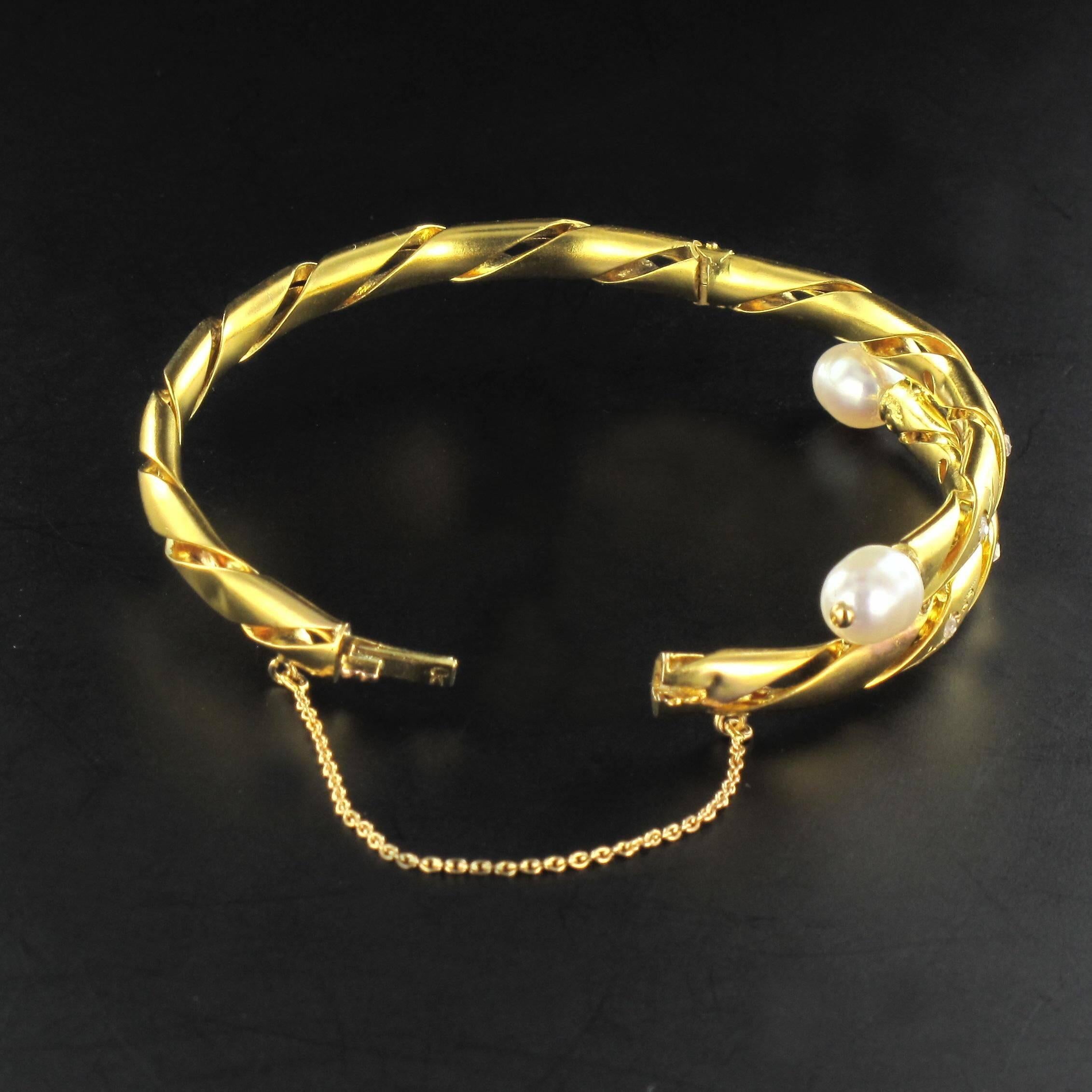 Women's Antique Engraved Pearl Fine Diamond Gold Bangle Bracelet 