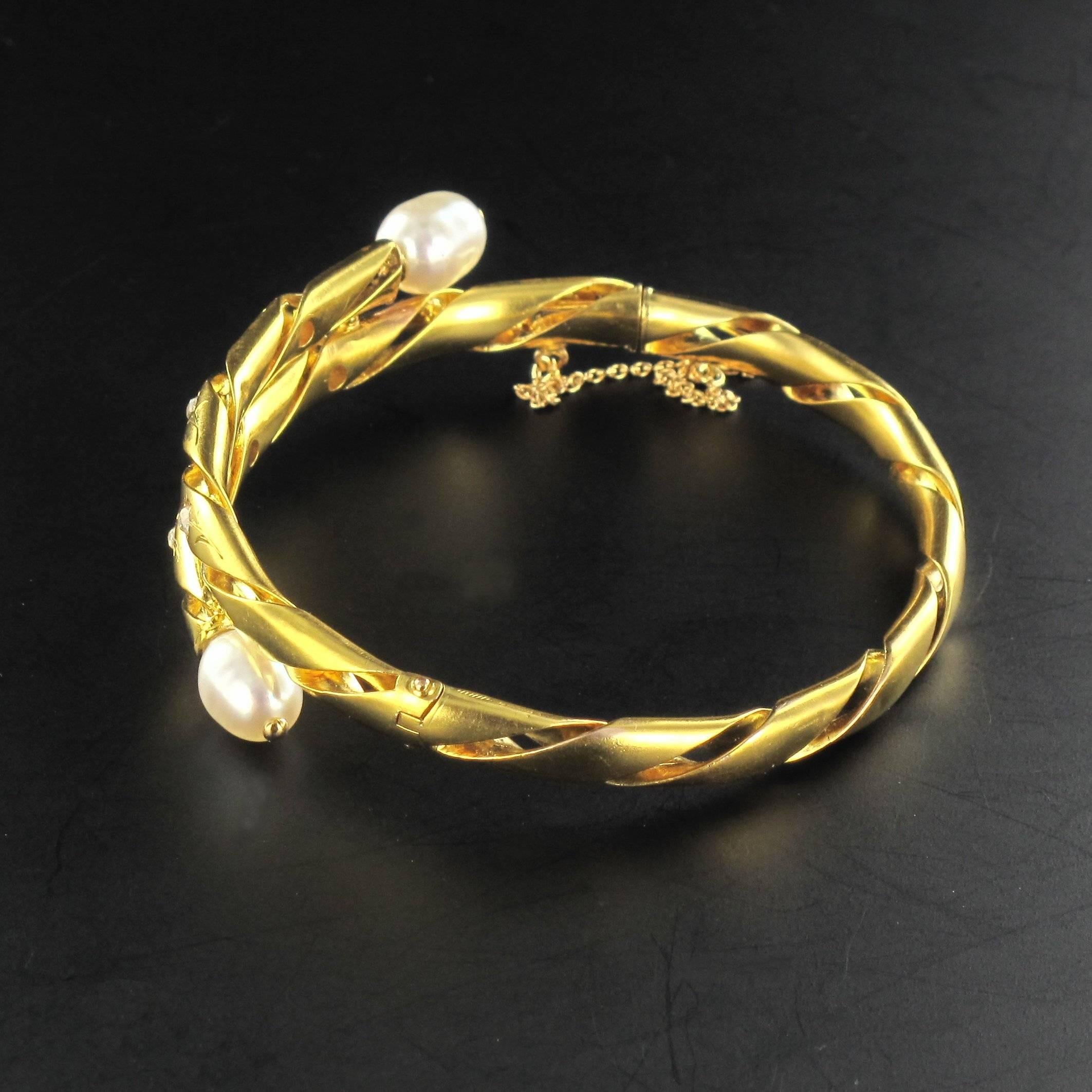 Antique Engraved Pearl Fine Diamond Gold Bangle Bracelet  2
