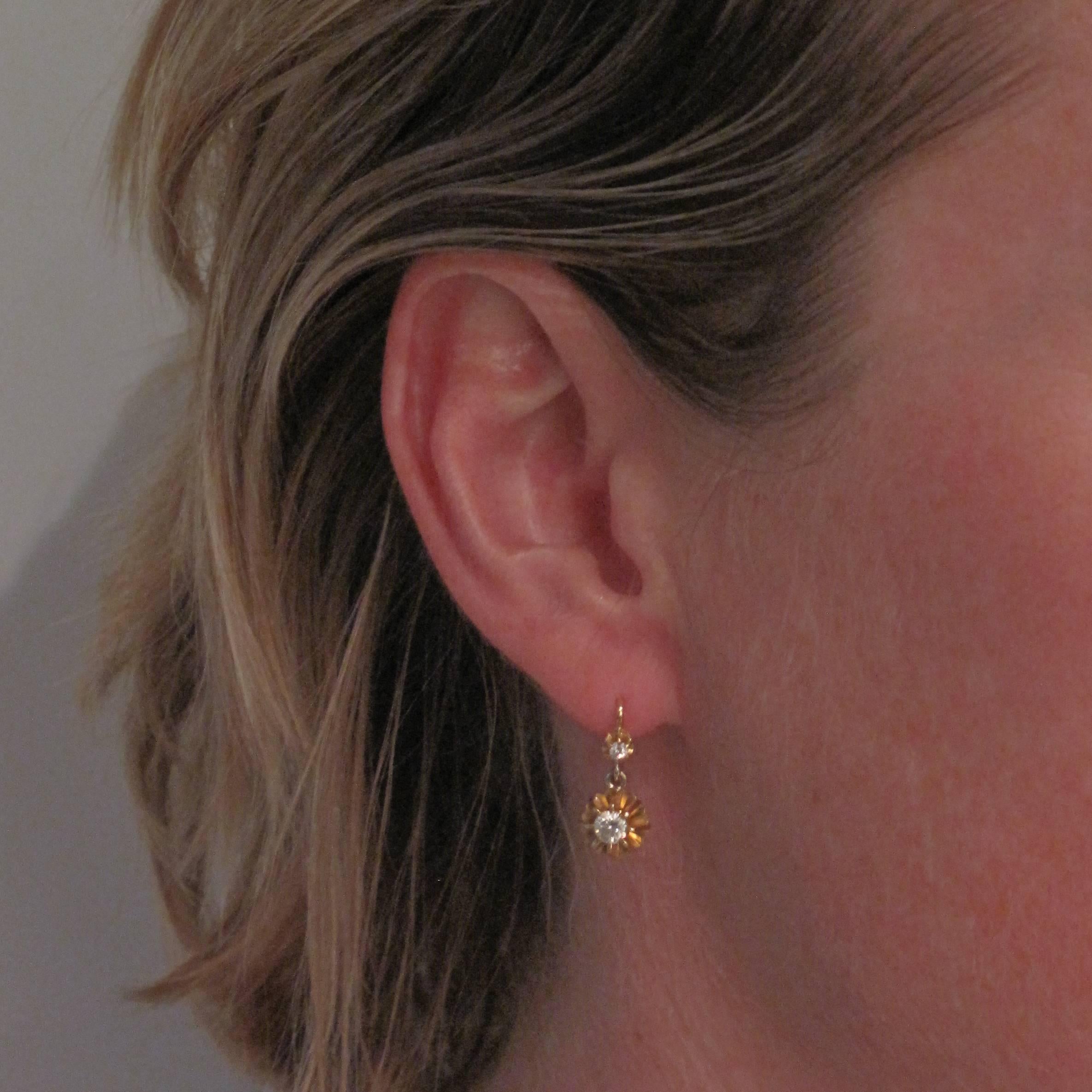 Retro 1950s French Diamond Gold Dangle Earrings 