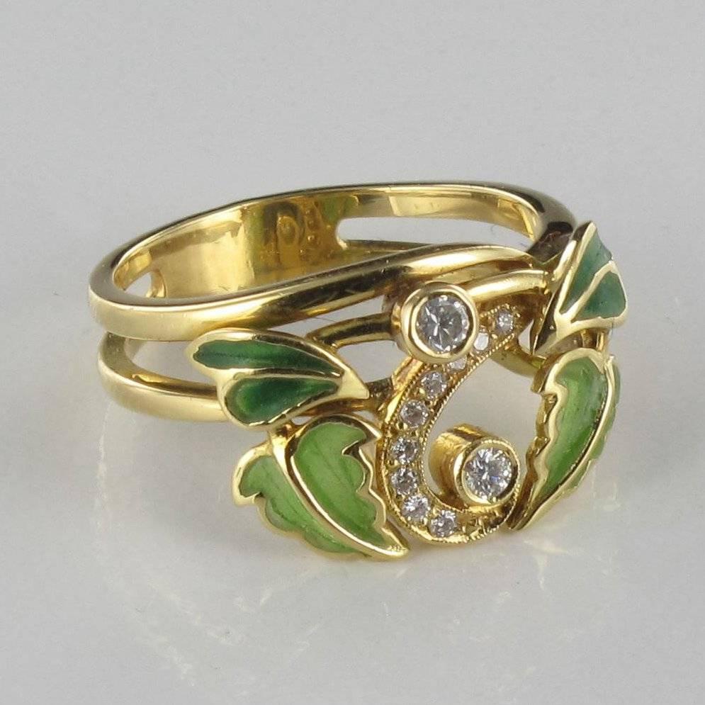 Art Nouveau Enamel Diamond Gold Ring 