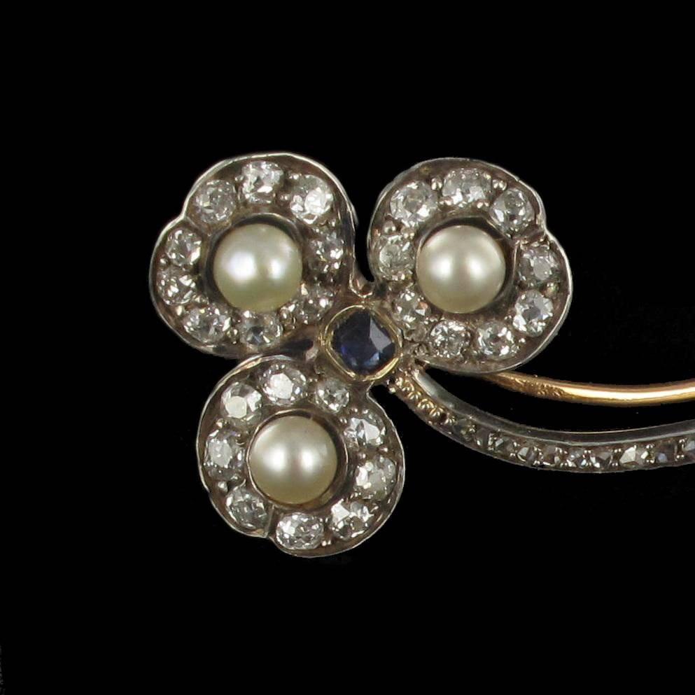 Women's Antique French Fine Pearl Sapphire Diamond Gold Brooch