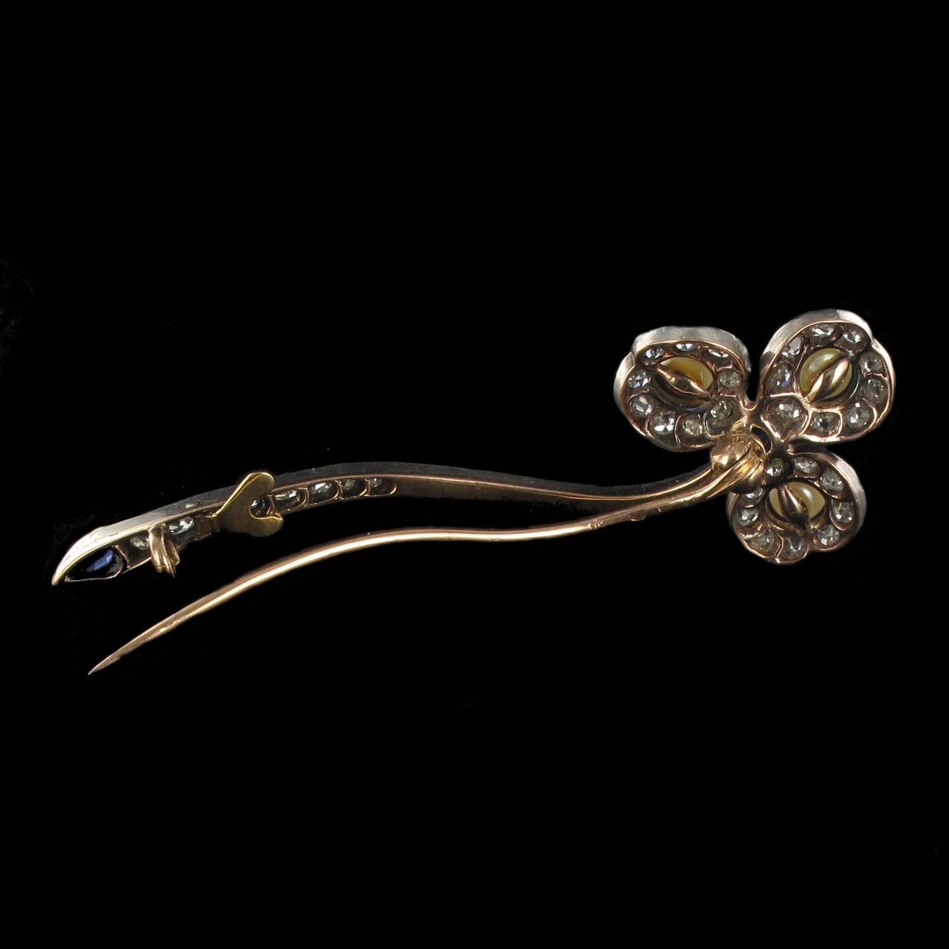 Antique French Fine Pearl Sapphire Diamond Gold Brooch 2