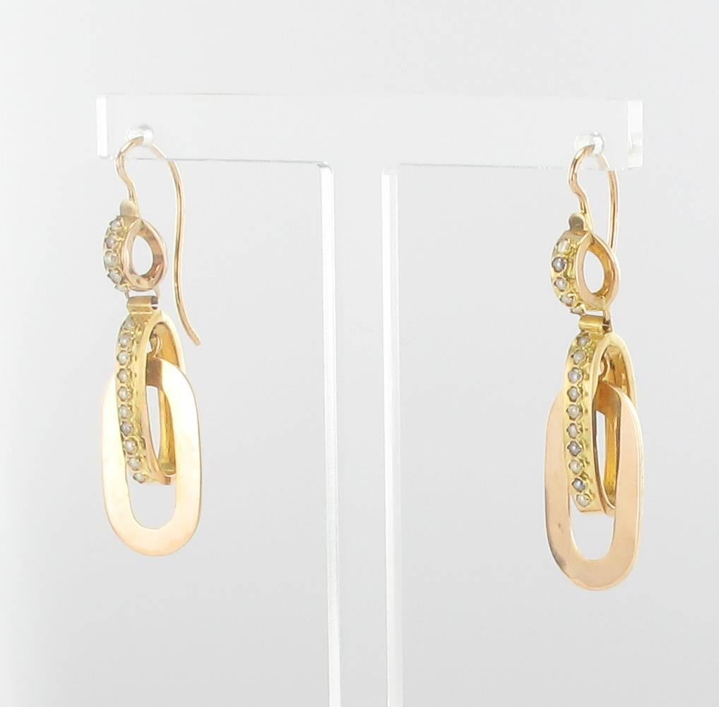 Women's Antique French Napoleon III Fine Pearl Gold Dangle Earrings 