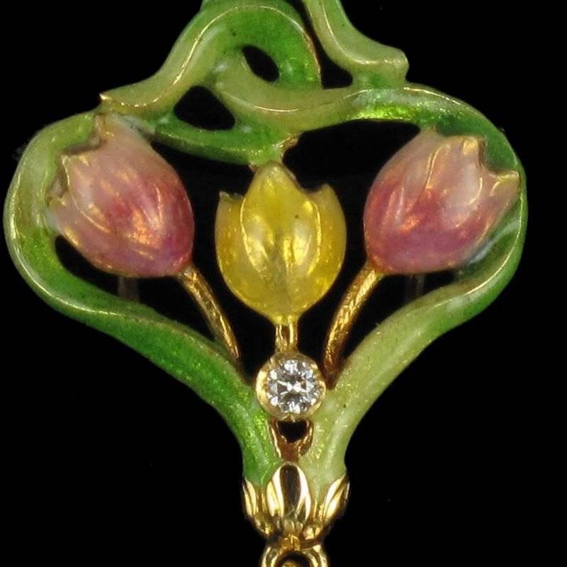 French Art Nouveau Enamel Pearl Diamond Gold Pendant  2