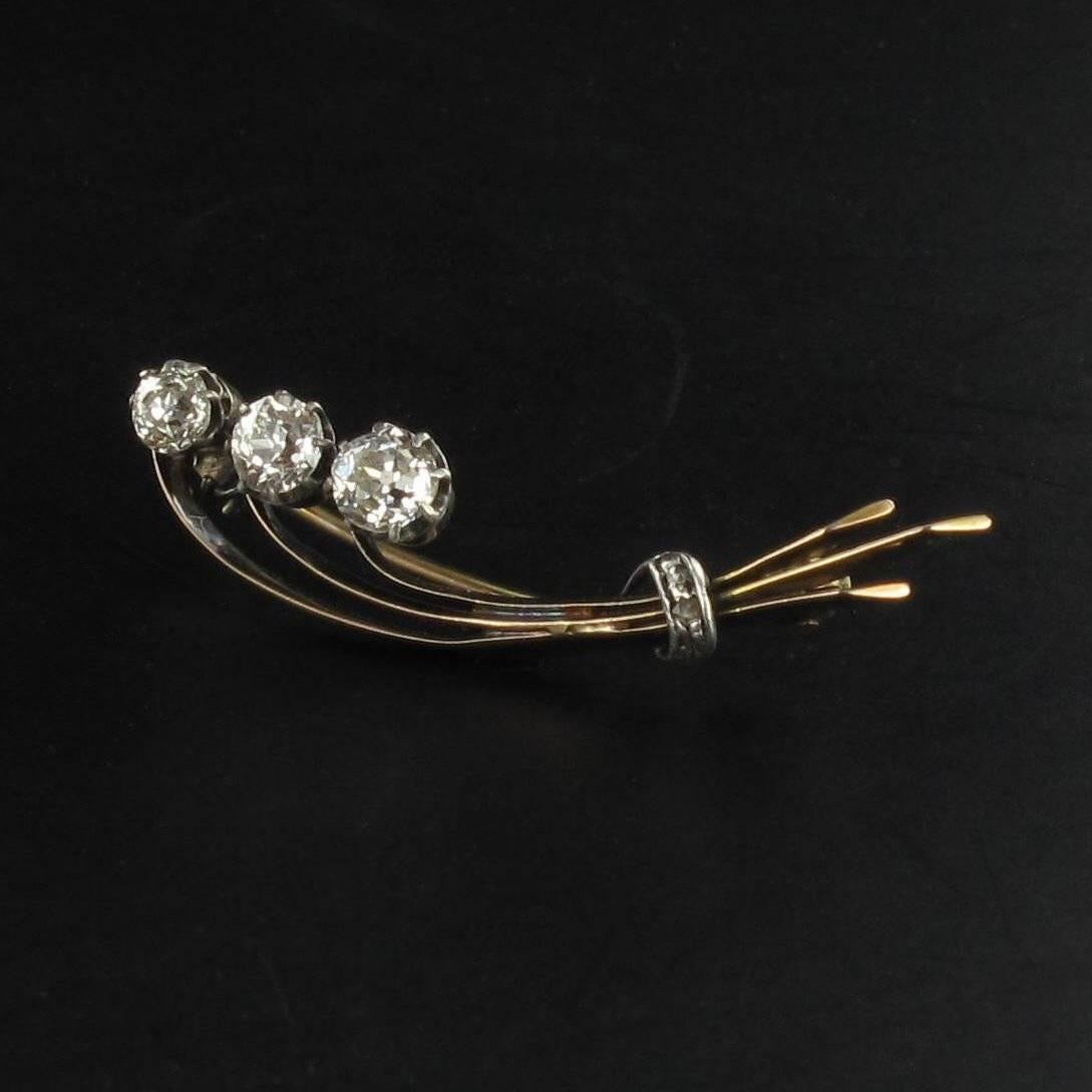 Antique 3 Diamond Silver Gold Floral Brooch 1