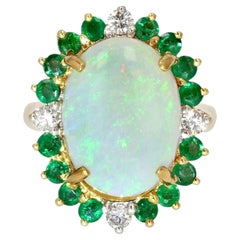 French 1980s 6.40 Carat Opal Emerald Diamond 18 Karat Yellow Gold Ring
