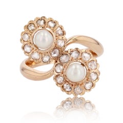 French, 19th Century, Diamonds Pearl 18 Karat Rose Gold Duo Daisies Ring