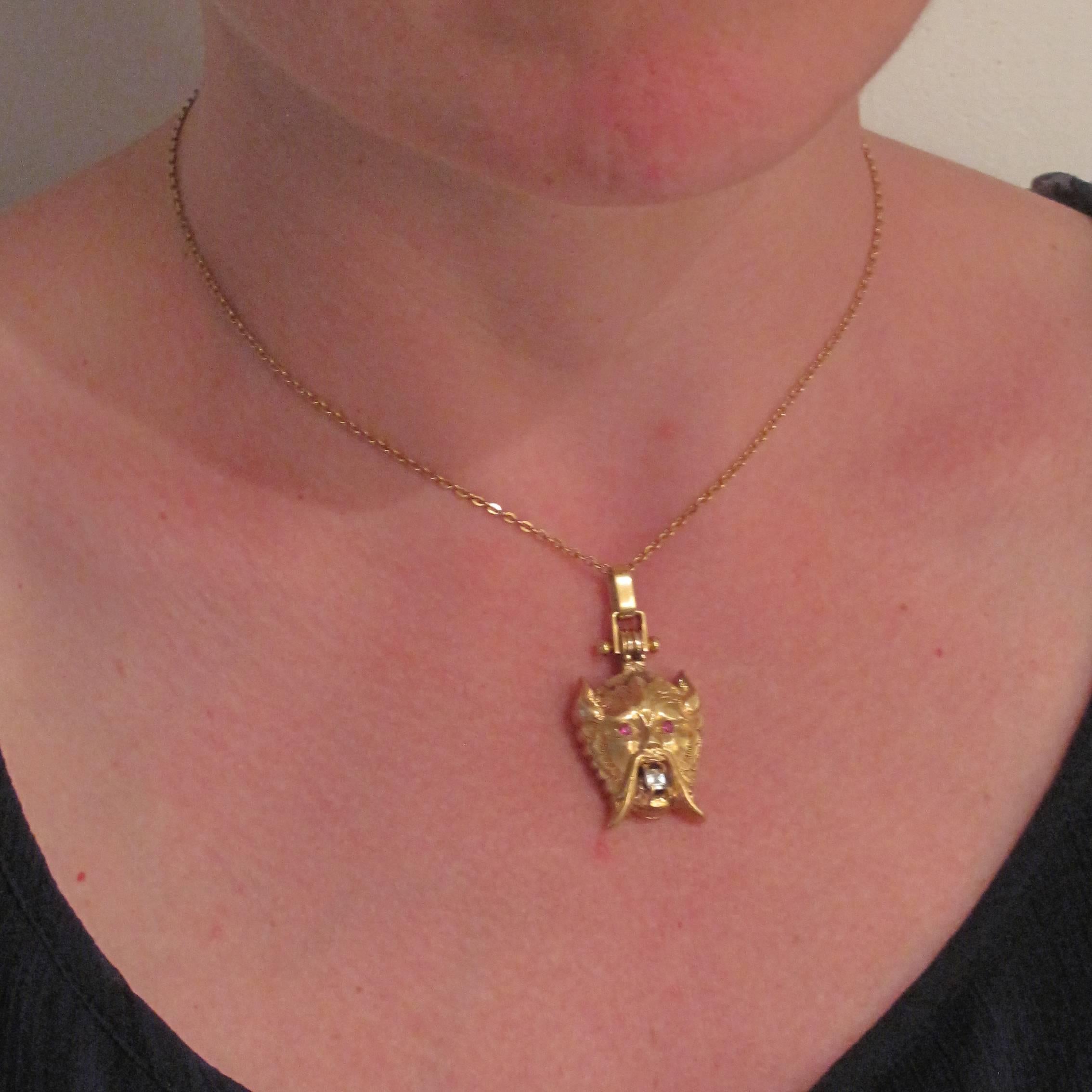 Women's or Men's Antique Ruby Diamond Gold Chimera Locket Pendant 