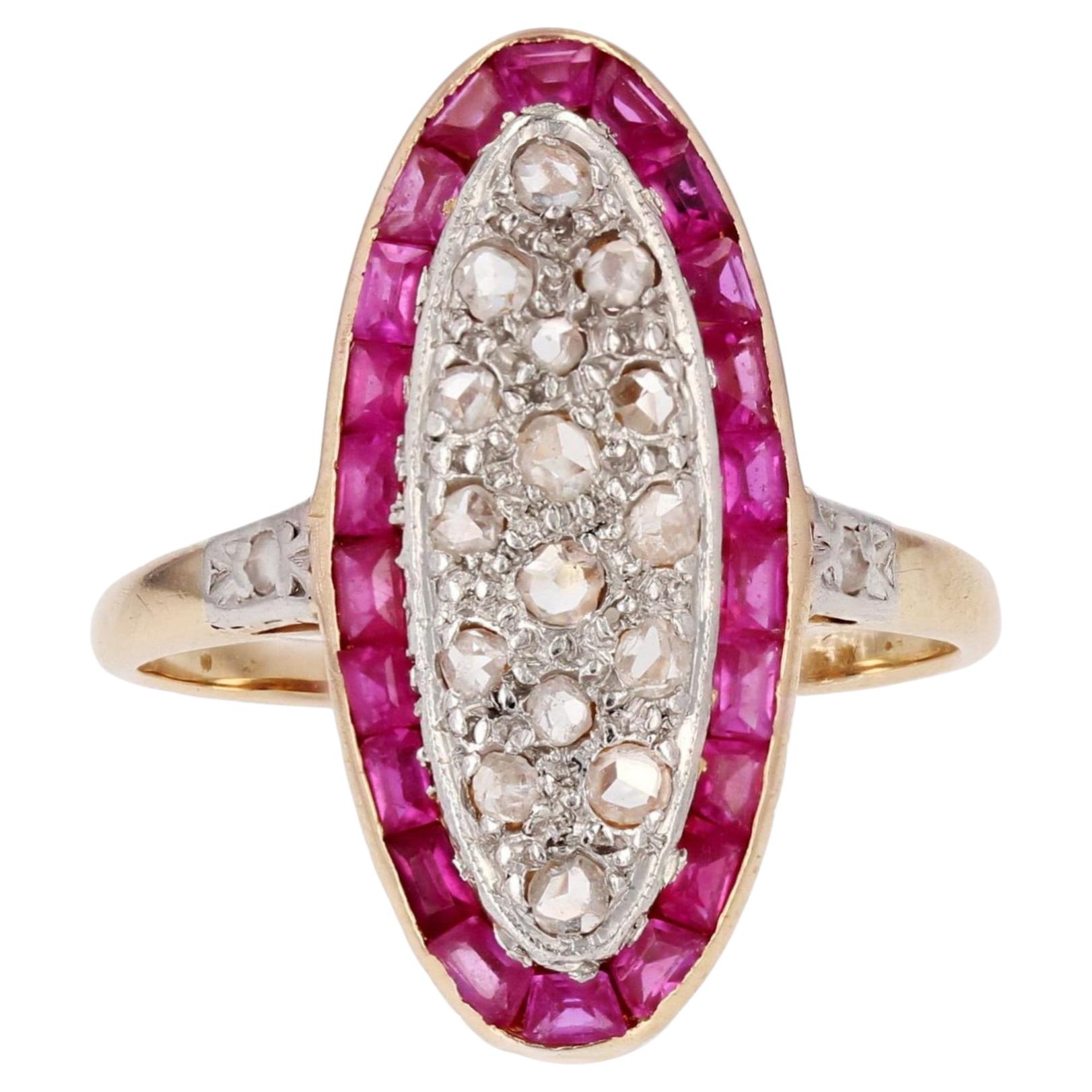1920s Ruby Diamonds 18 Karat Yellow Gold Platinum Shuttle Shape Ring For Sale