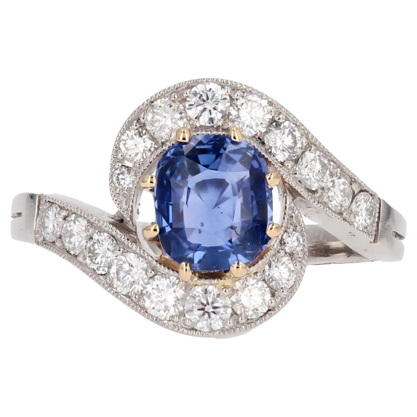 Belle Epoque Spirit Sapphire Diamonds 18 Karat Yellow Gold Platinum Swirl Ring For Sale