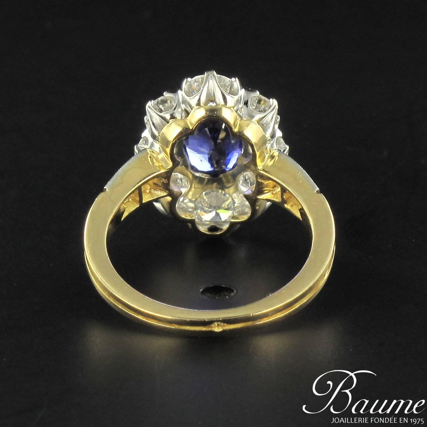 New French Cushion Cut Sapphire Diamond Gold Platinum Cluster Ring 1