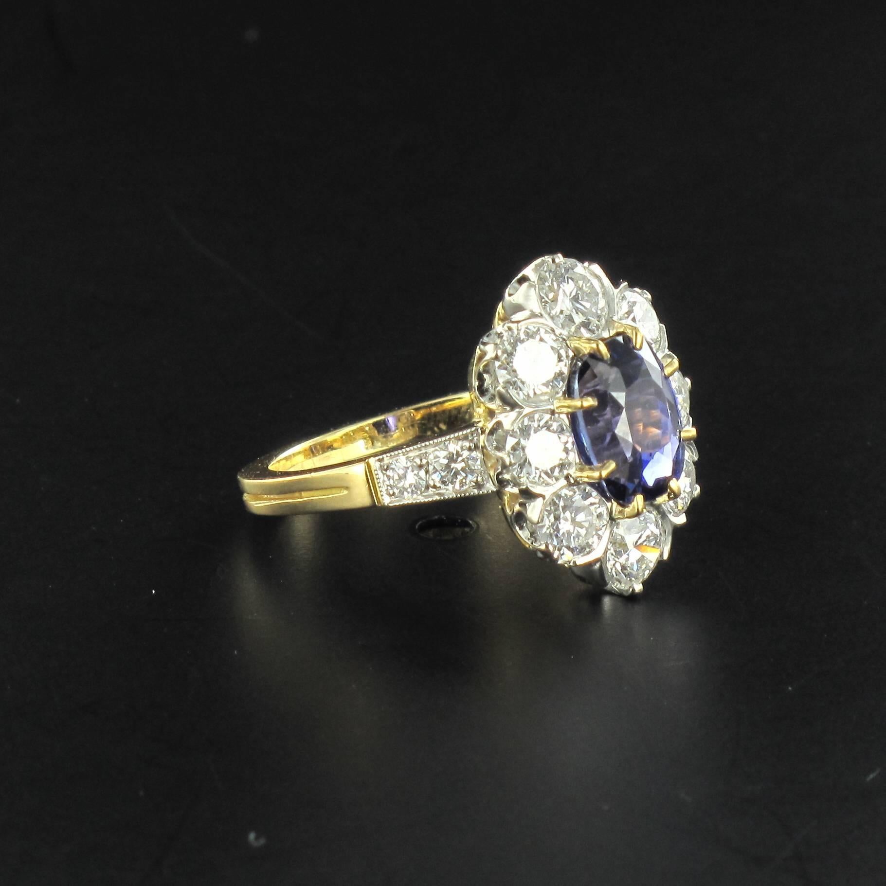 New French Cushion Cut Sapphire Diamond Gold Platinum Cluster Ring 2
