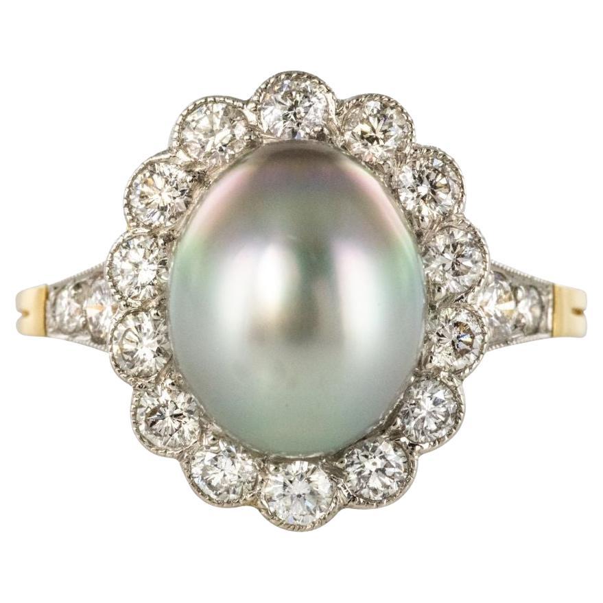 New French Natural Tahitian Pearl Diamond 18 Karat Yellow Gold Platinum Ring For Sale