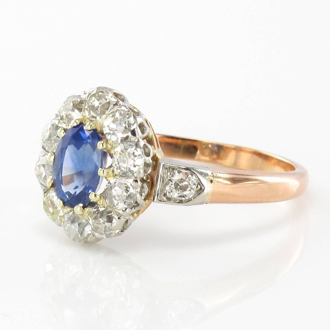 French Napoleon III Sapphire Diamond Gold Ring In New Condition In Poitiers, FR