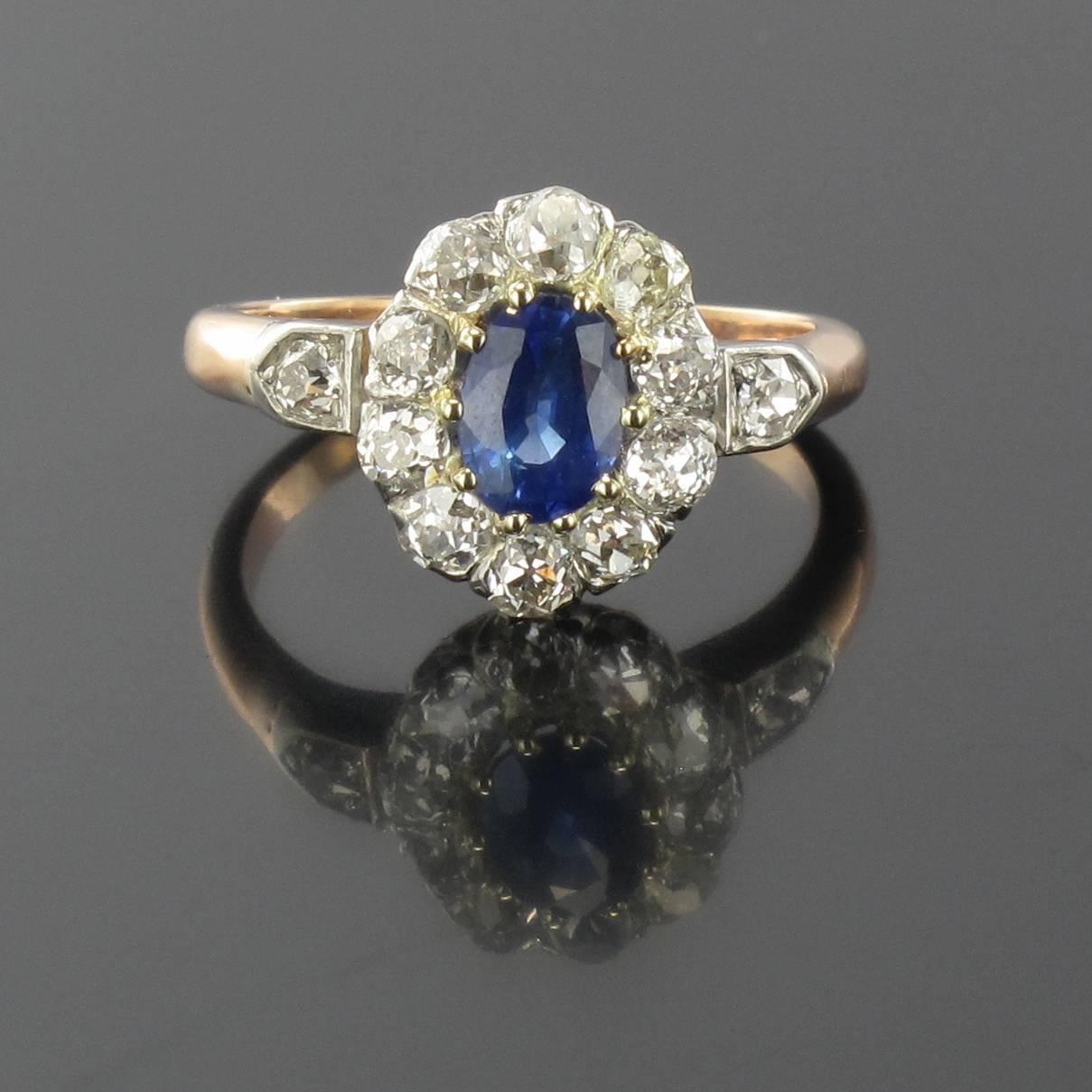 French Napoleon III Sapphire Diamond Gold Ring For Sale at 1stdibs