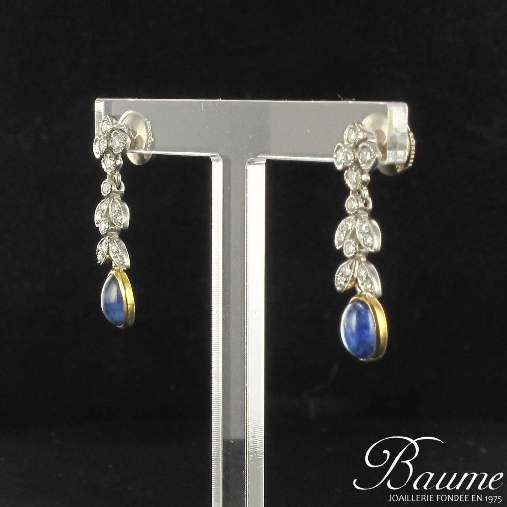 Modern French Sapphire Cabochon Diamond Gold Earrings 8
