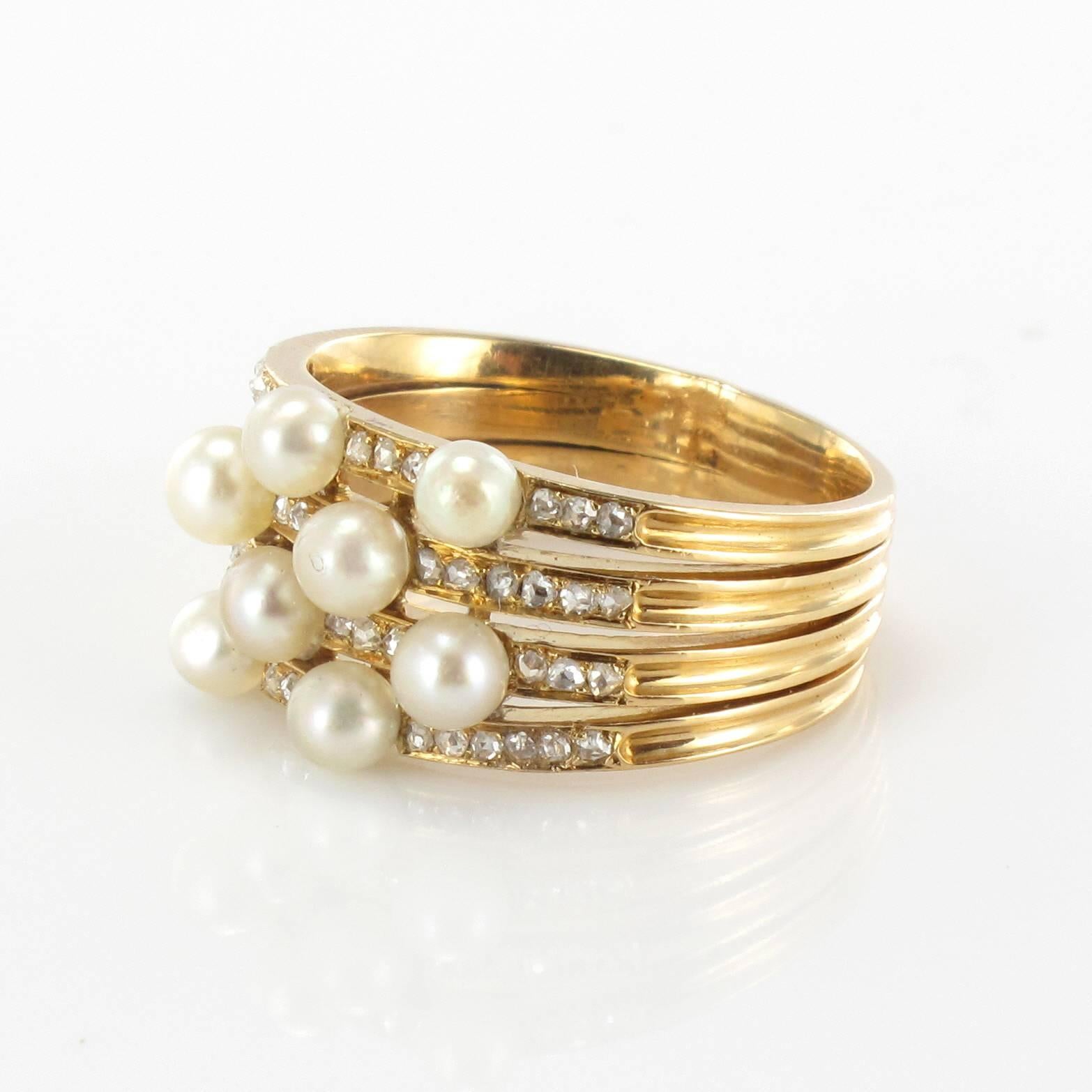 Romantic 1920s Antique Diamond Pearl Gold Band Ring