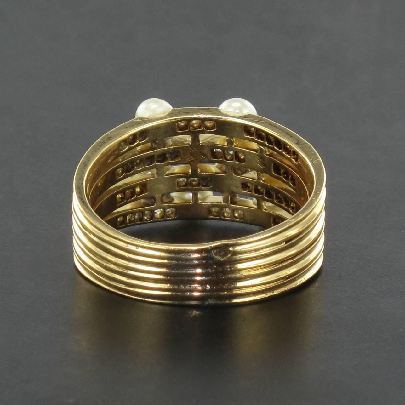 1920s Antique Diamond Pearl Gold Band Ring In Good Condition In Poitiers, FR