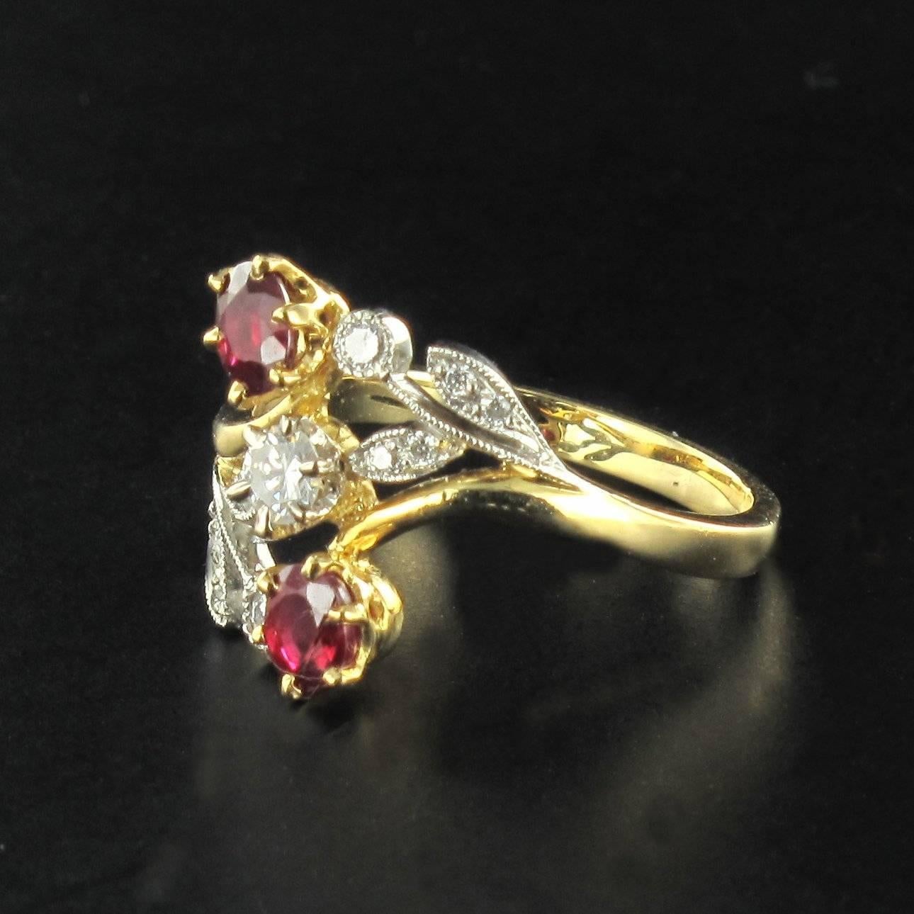 Women's French Floral Ruby Diamond Gold Platinum Ring