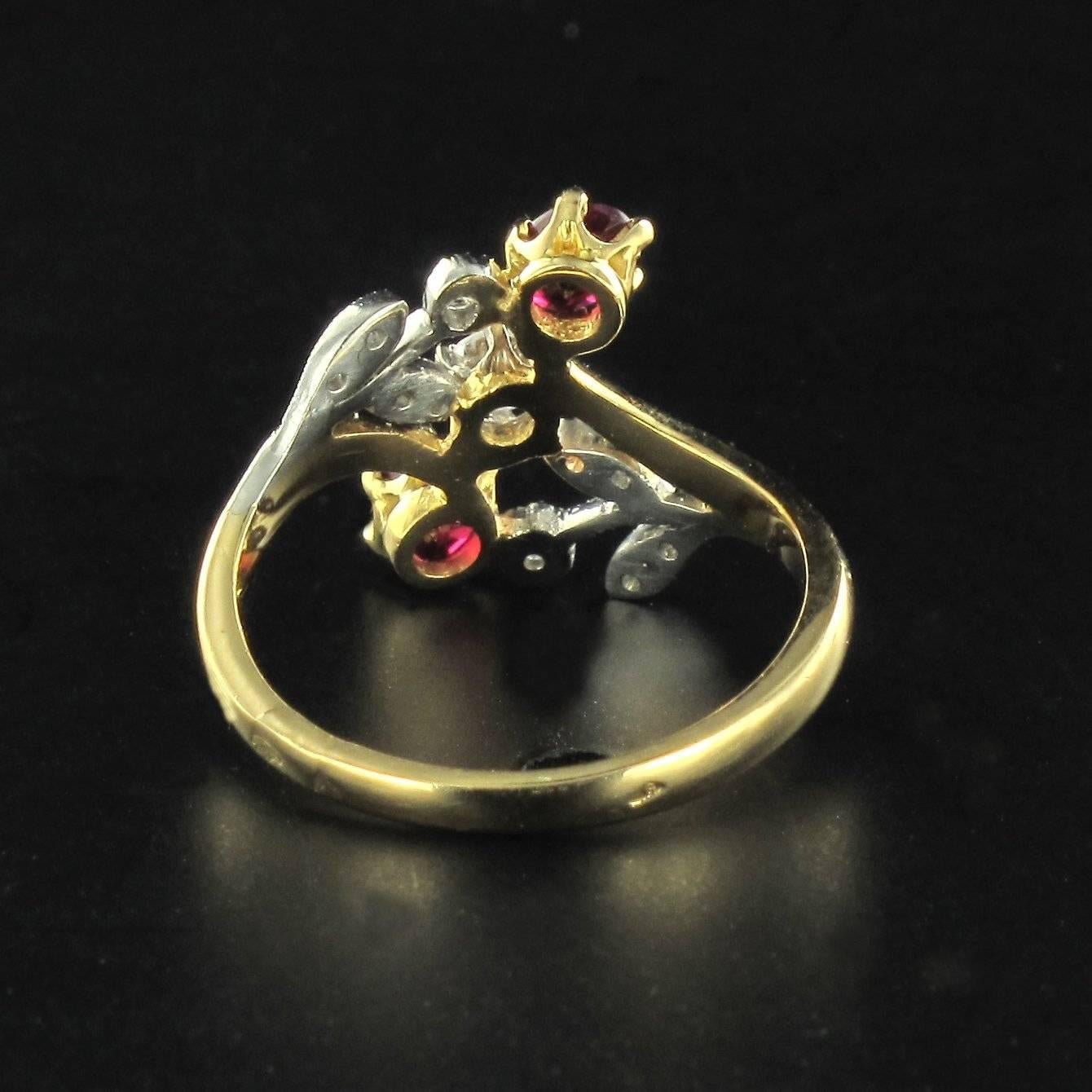 French Floral Ruby Diamond Gold Platinum Ring 1