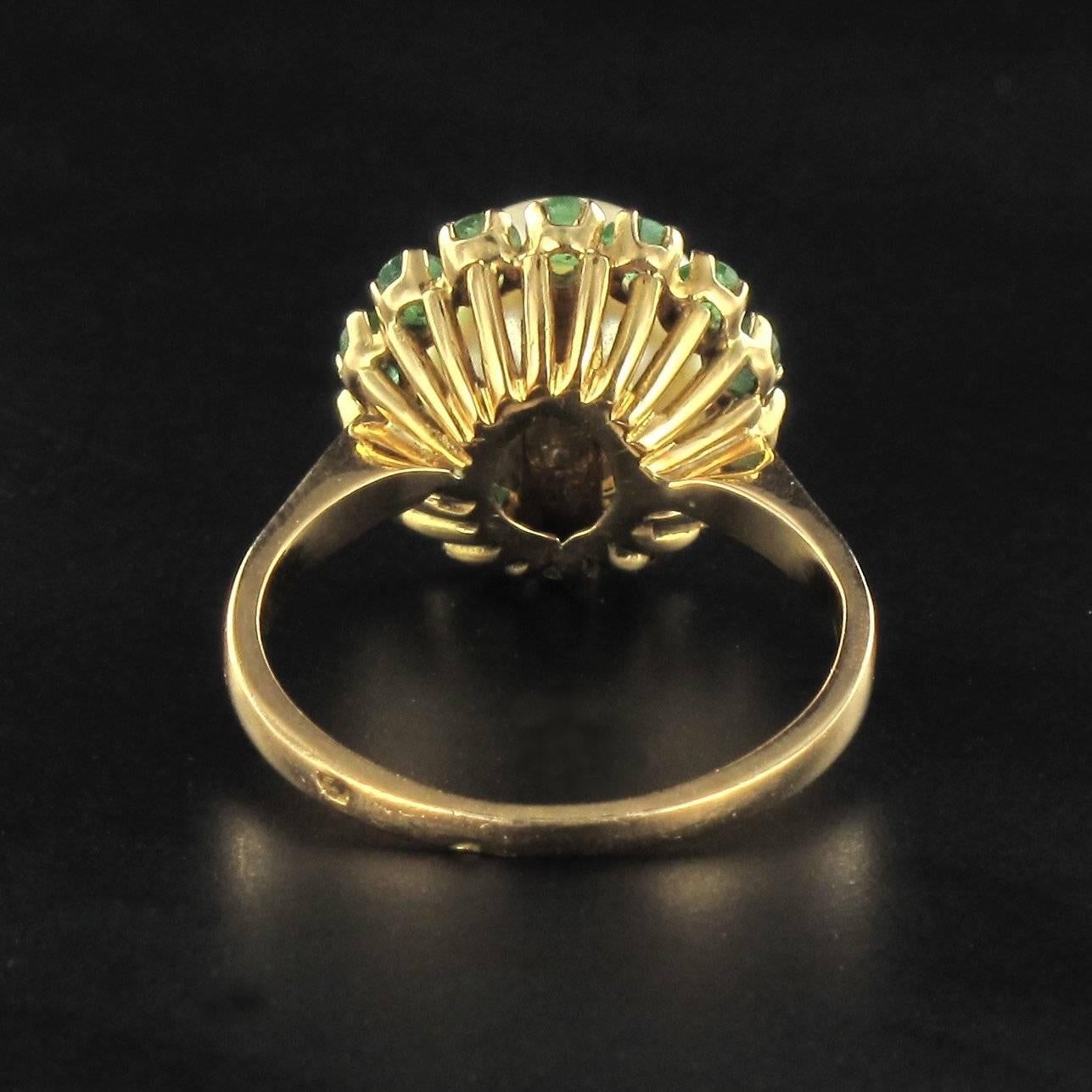 Modernist 1970s French Pearl Emerald Gold Ring