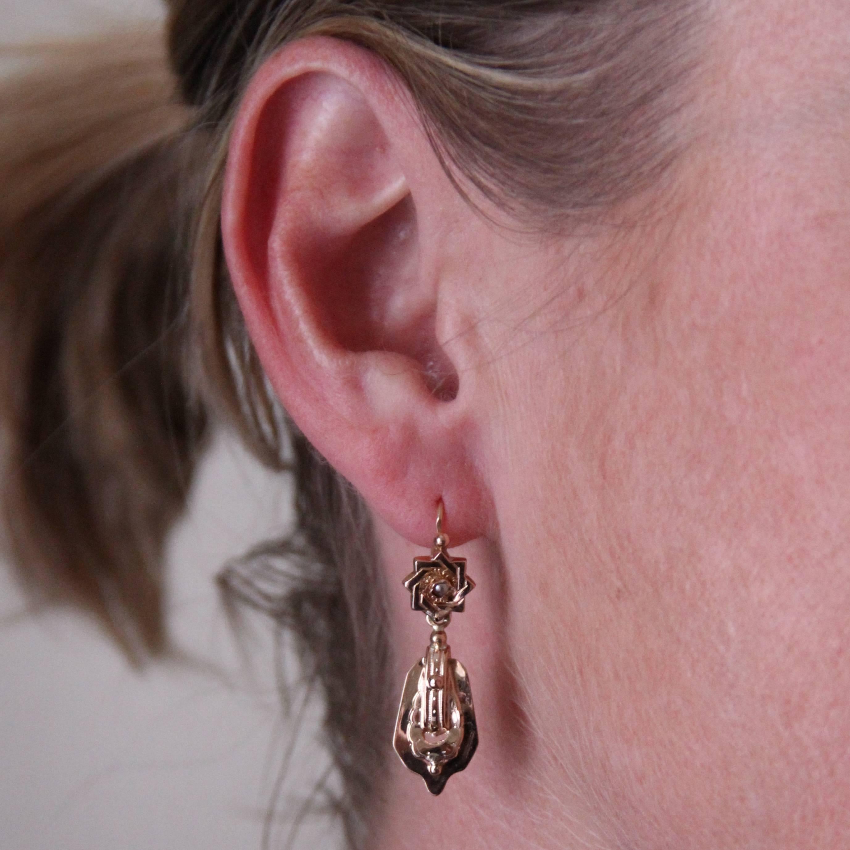 French Antique Fine Pearl Rose Gold Pendant Earrings In Good Condition In Poitiers, FR