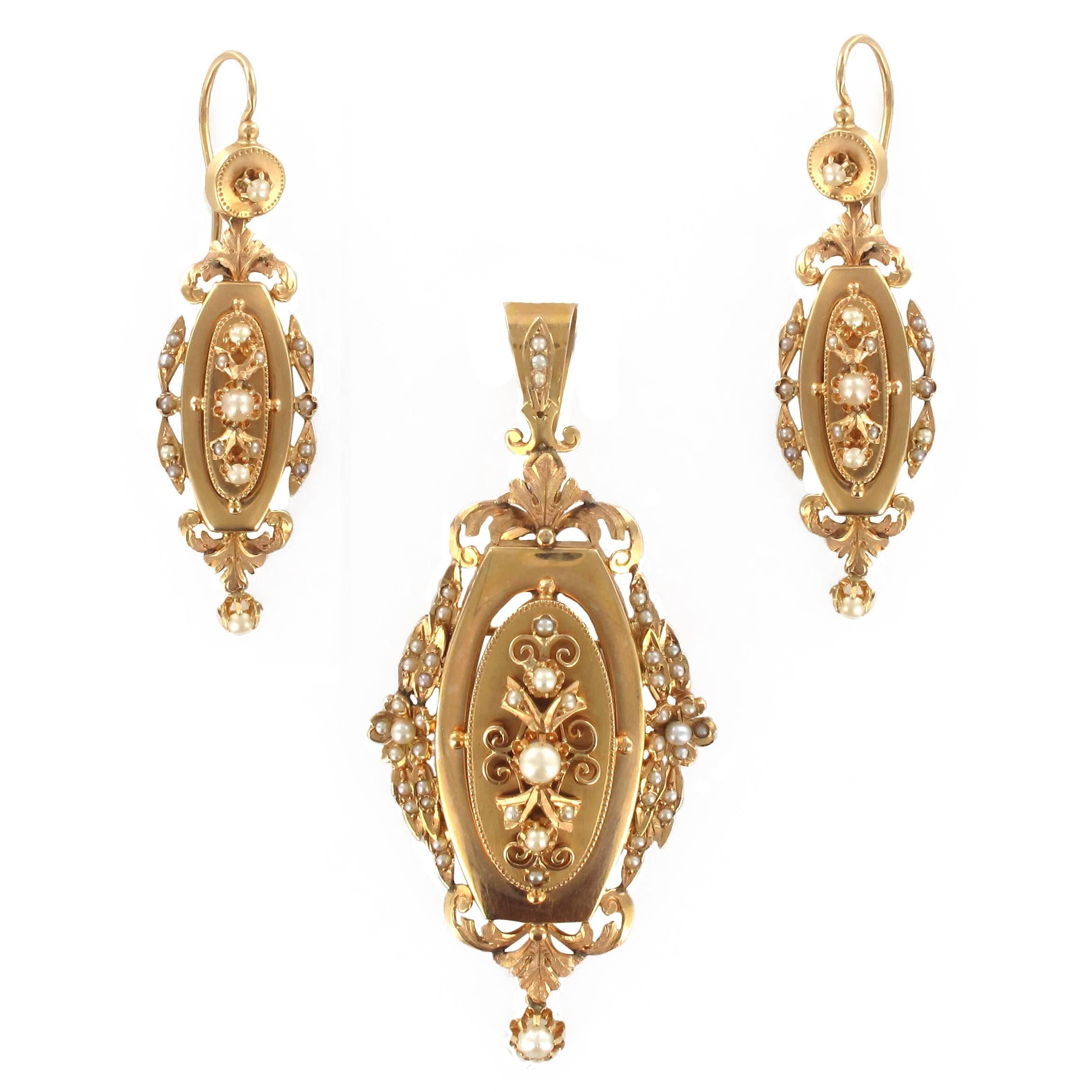 French Napoleon III Fine Pearl Gold Dangle Earrings and Pendant Parure 
