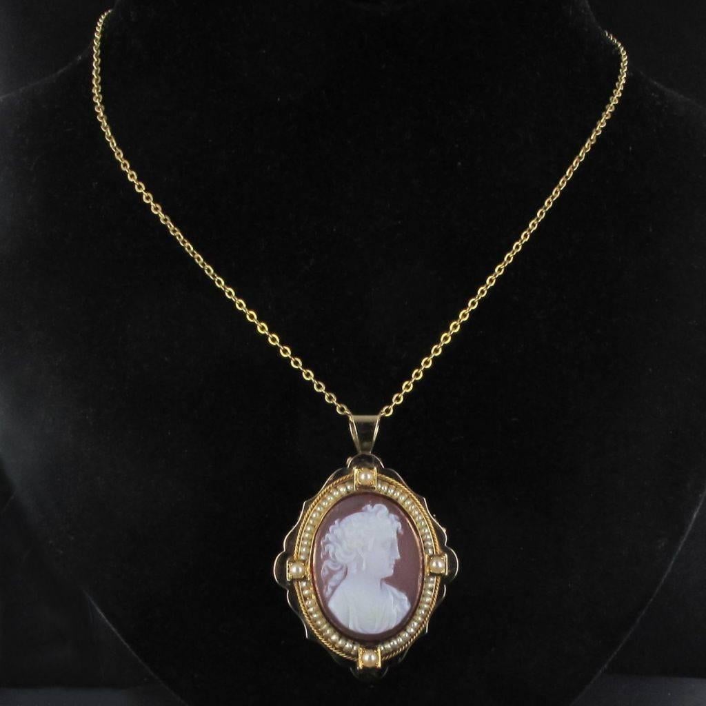Napoleon III Antique Agate Cameo and Natural Pearls Brooch Pendant