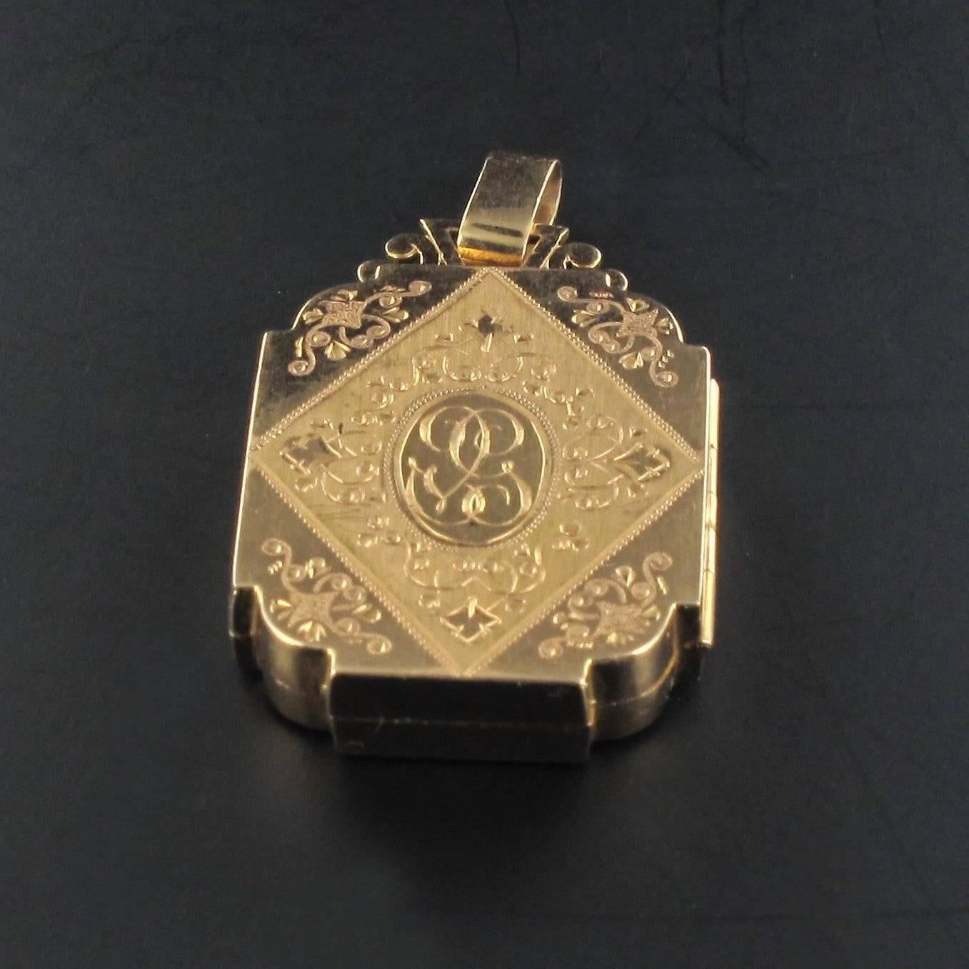 19th Century French Rectangular Engraved Gold Locket Pendant Medallion 1