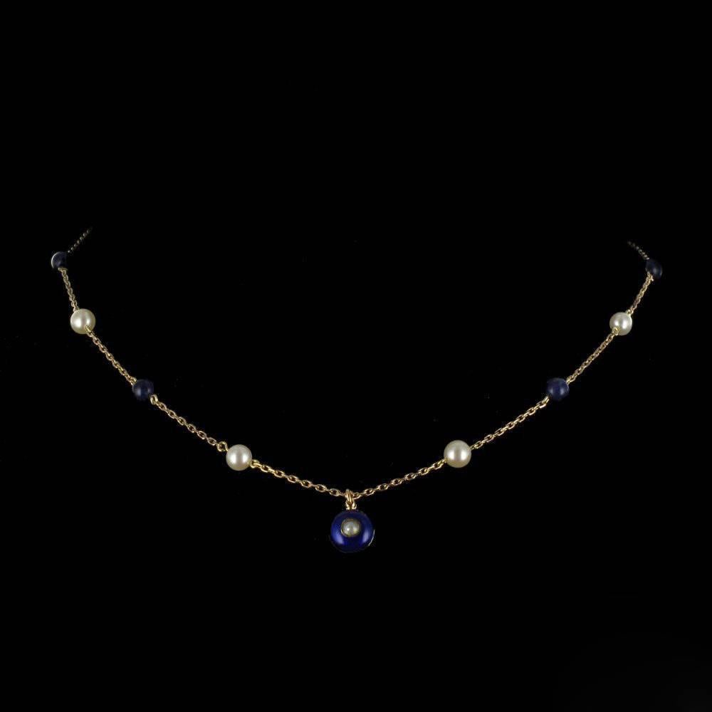 French 19th Century Pearls, Lapis Lazuli, Enamel and Gold Necklace 4