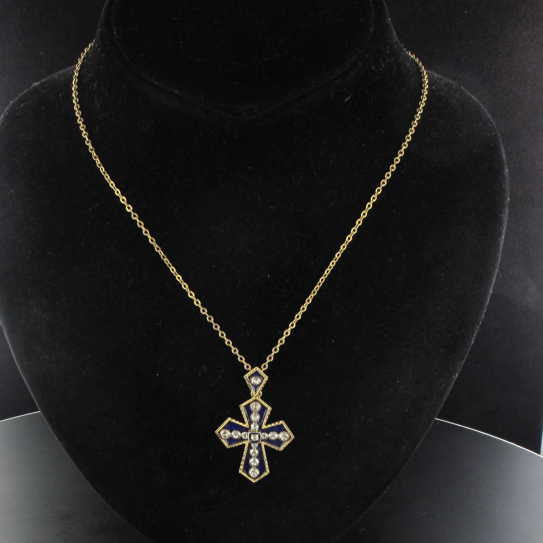 Women's or Men's Blue Enamel and Diamond Cross Pendant