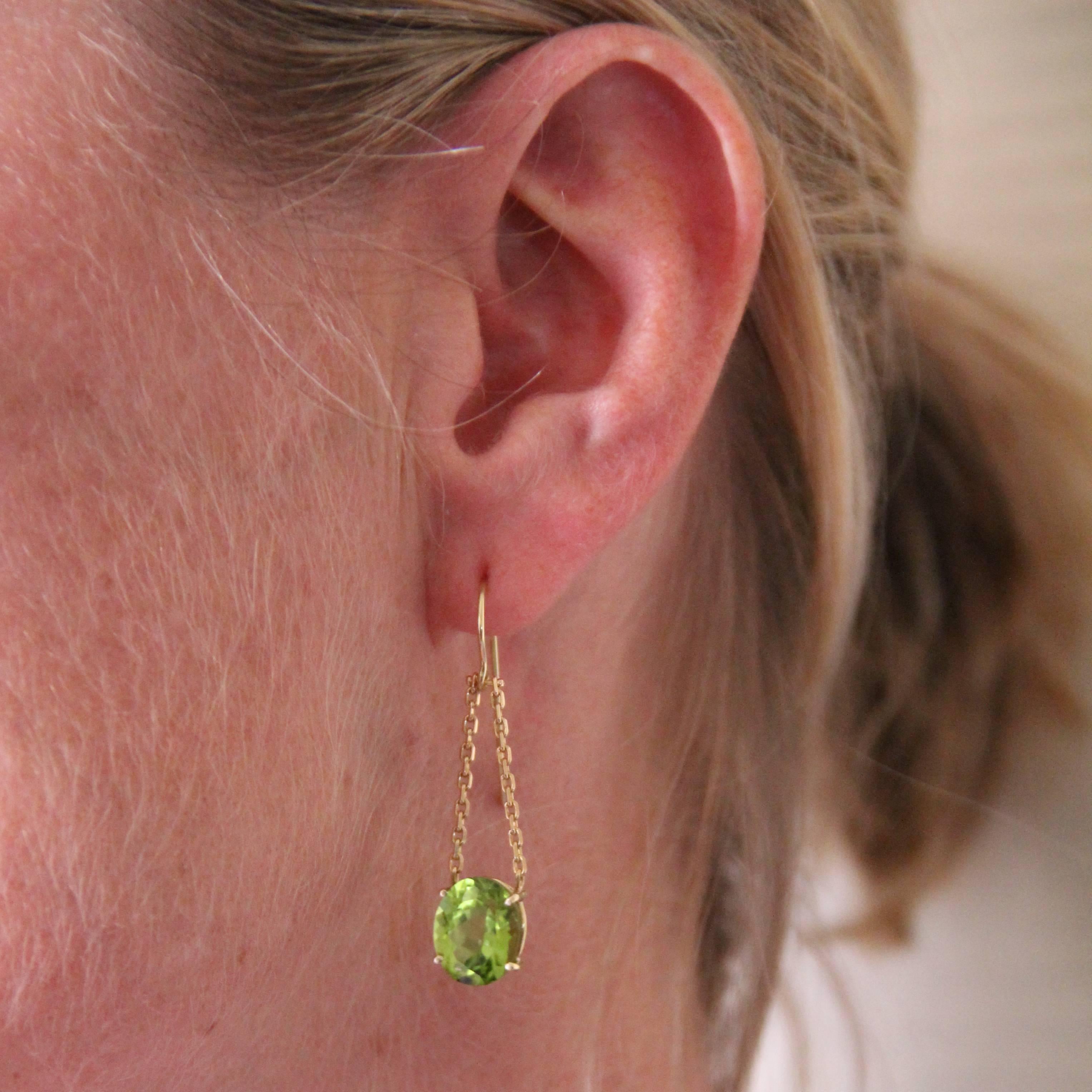 Contemporary Peridot and Golden Chain Dangle Earrings