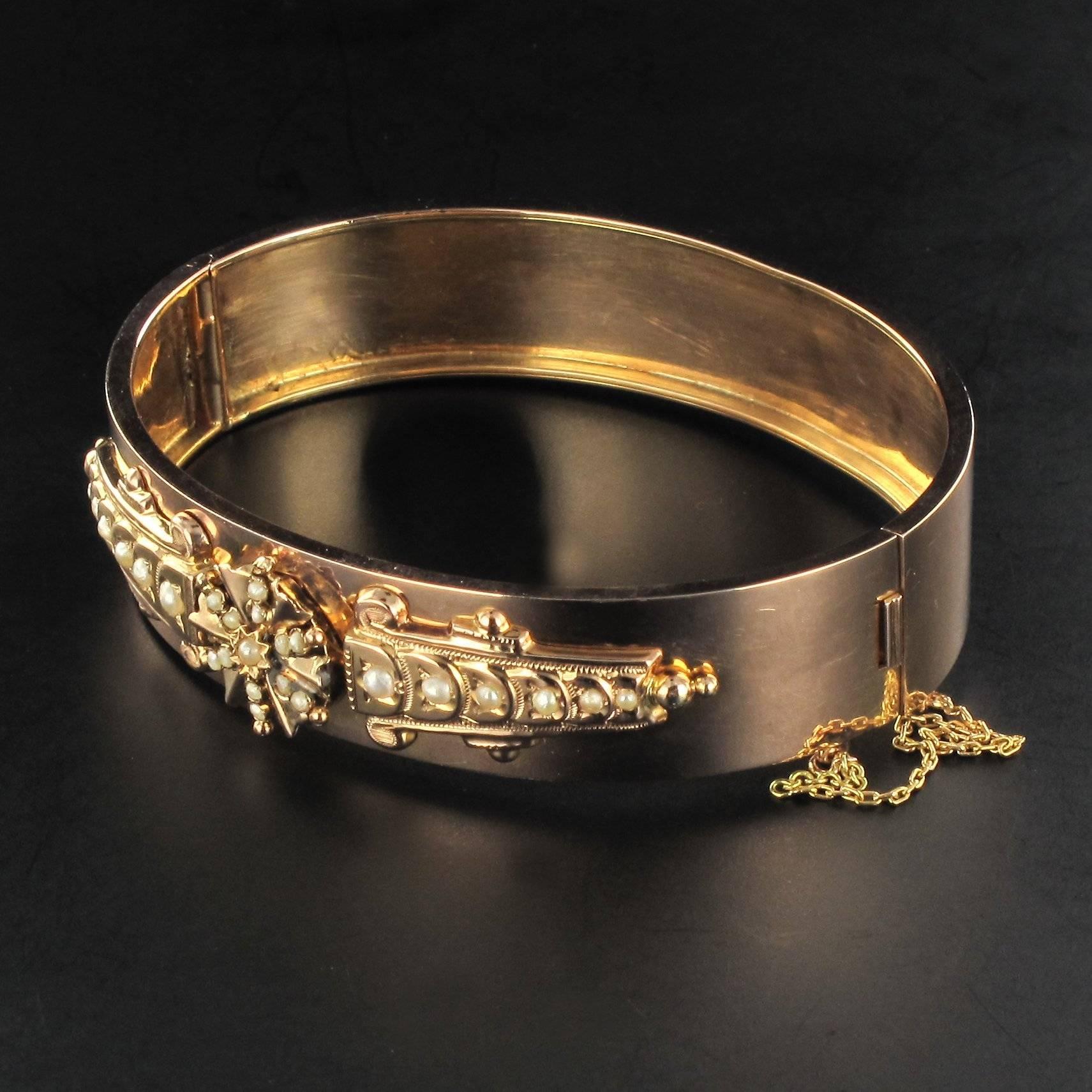 French Napoleon III Ntaural Pearl and Rose Gold Bangle Bracelet In Excellent Condition In Poitiers, FR