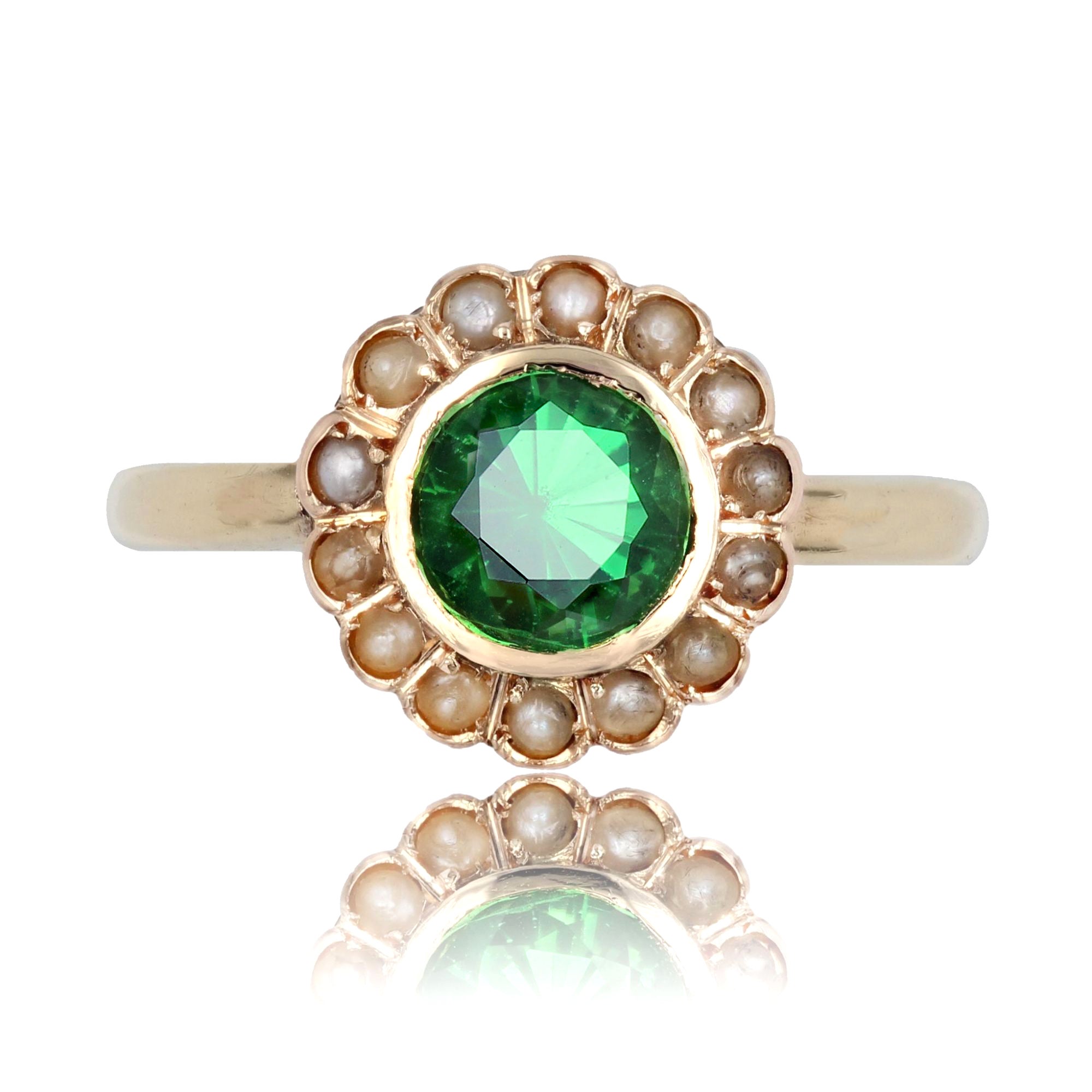 Bague française du 20e siècle en or jaune 18 carats Tsavorite Grenat vert Perle fine