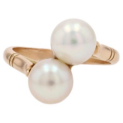 French Modern Cultured Pearls 18 Karat Yellow Gold Duo Ring