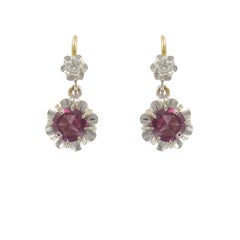 19th Century French Garnet Diamond Two Color Gold Dangle Earrings