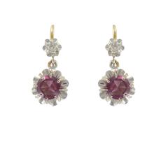 19th Century French Garnet Diamond Two Color Gold Dangle Earrings 4