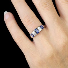 New Art Deco Style Sapphires Diamonds 18 Karat White Gold Garter Ring