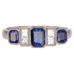 New Art Deco Style Sapphires Diamonds 18 Karat White Gold Garter Ring