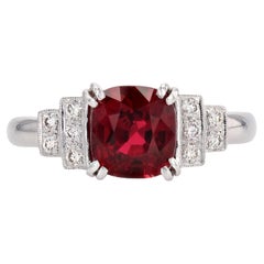 New Art Deco Style Natural Vivid Red Spinel Diamonds 18 Karat White Gold Ring