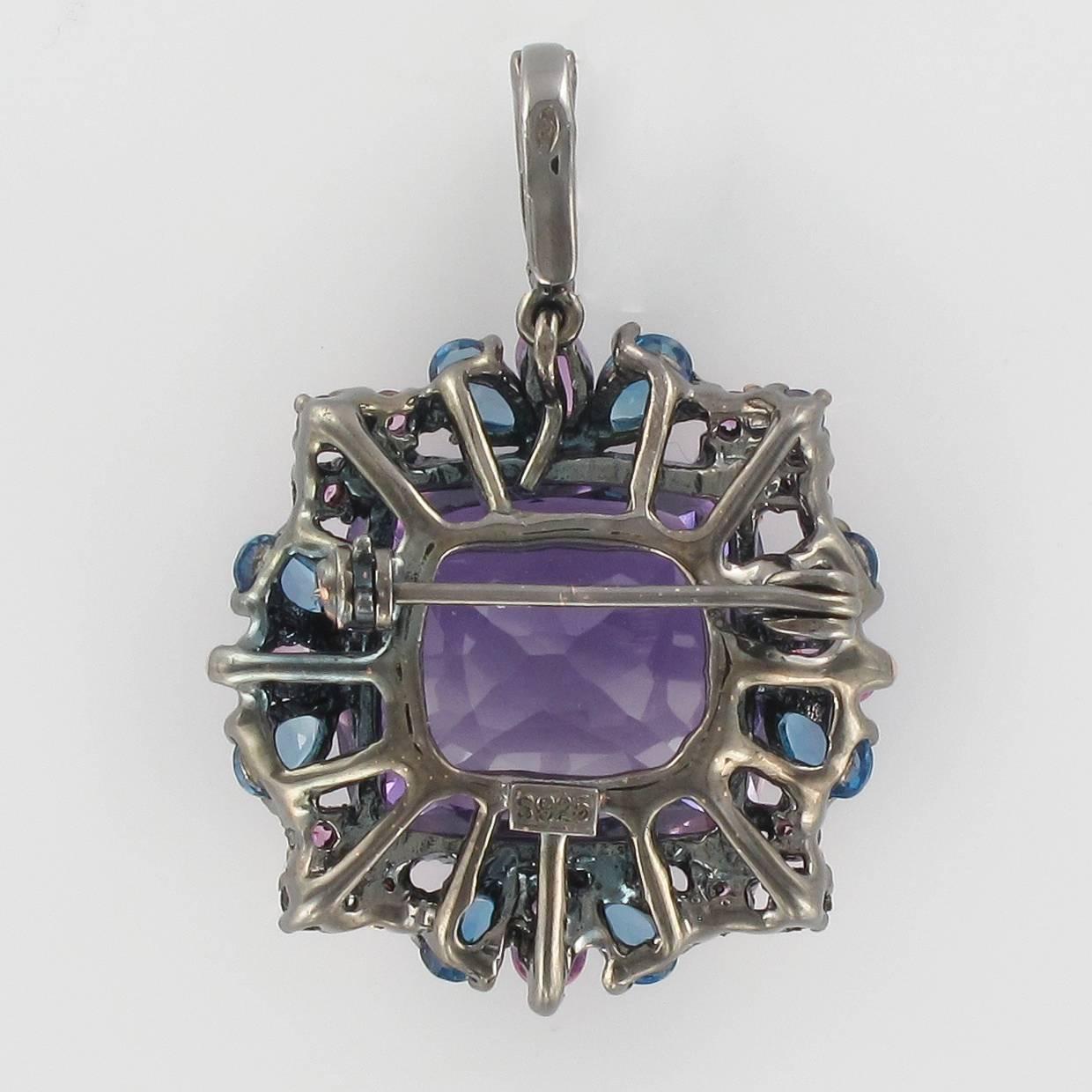 Unique Amethyst Topaz and Sapphire Pendant Brooch  In New Condition In Poitiers, FR