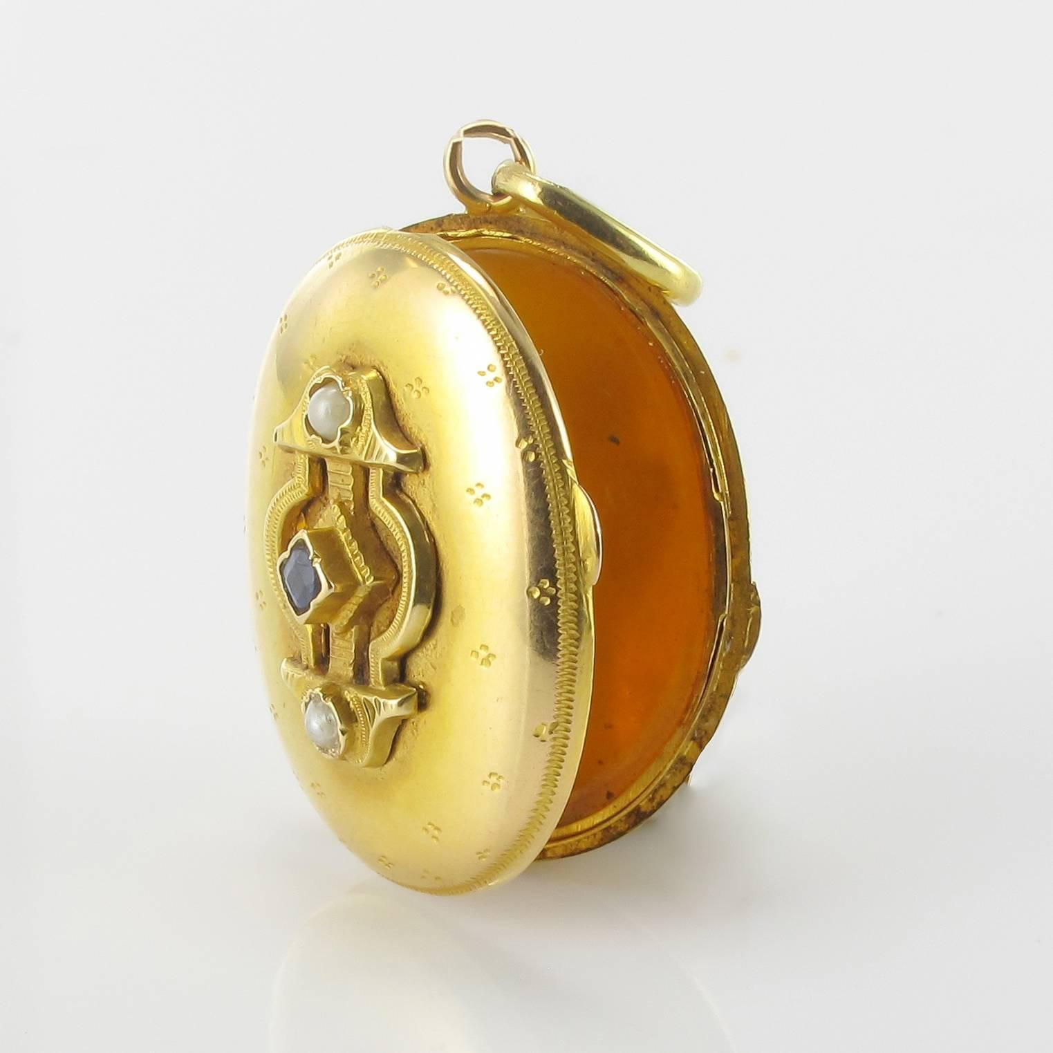 Women's 19th Century Sapphire and Natural Pearl Oval Gold Locket Pendant