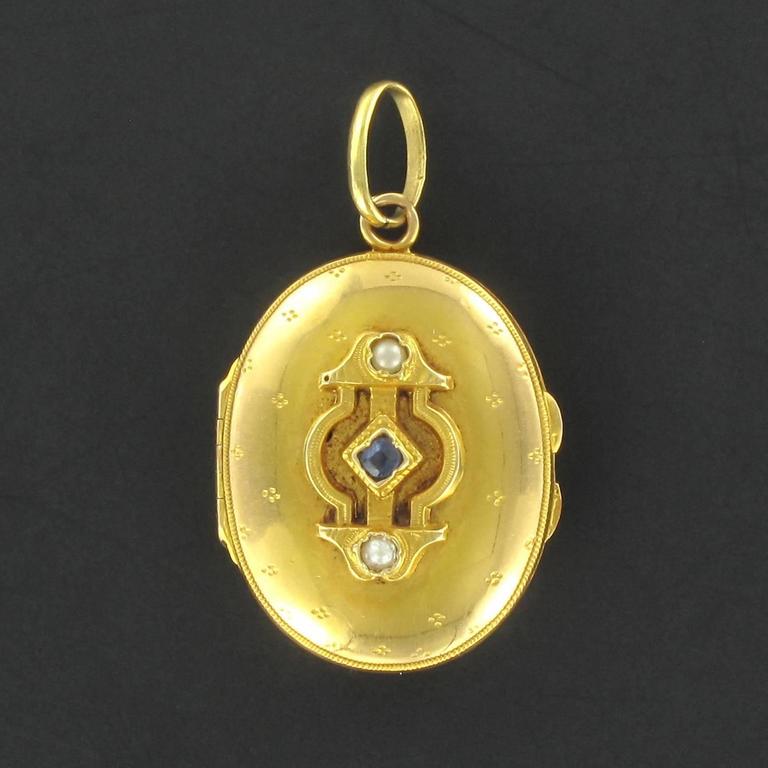 19th Century Sapphire and Natural Pearl Oval Gold Locket Pendant at 1stDibs
