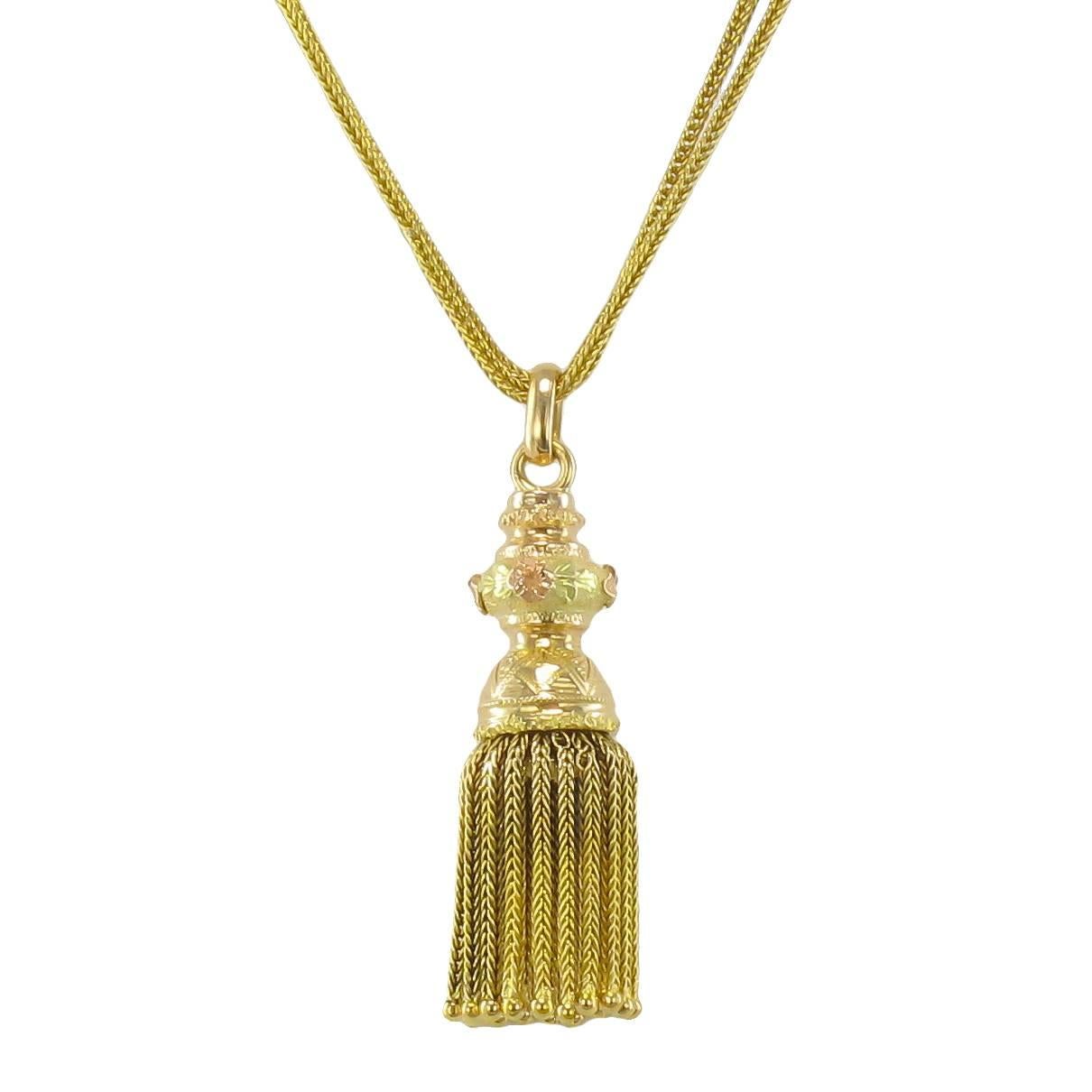 French Napoleon III Antique Gold Chain Necklace with Pompom Pendant
