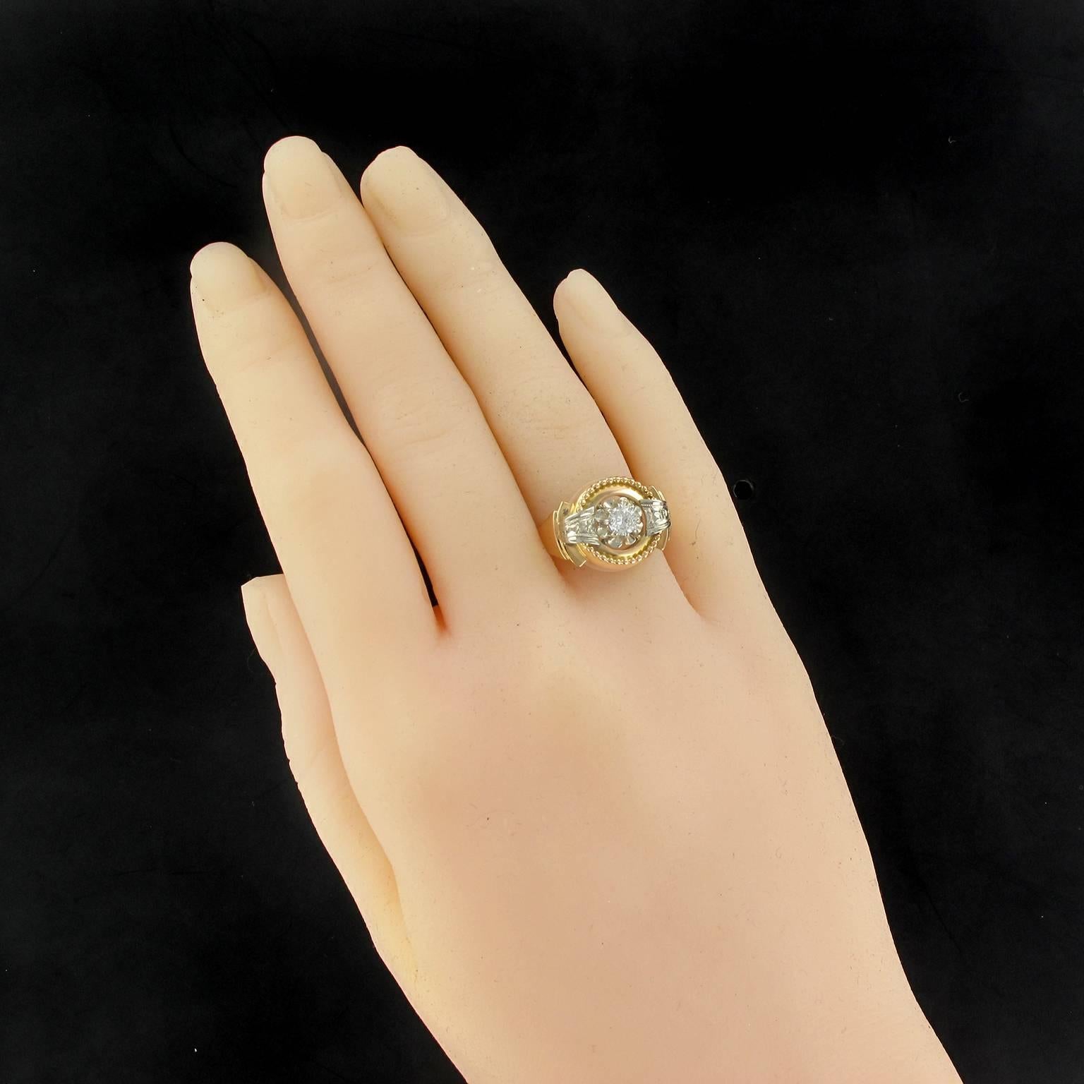 Retro French 1950s Yellow and White Gold Diamond Ring
