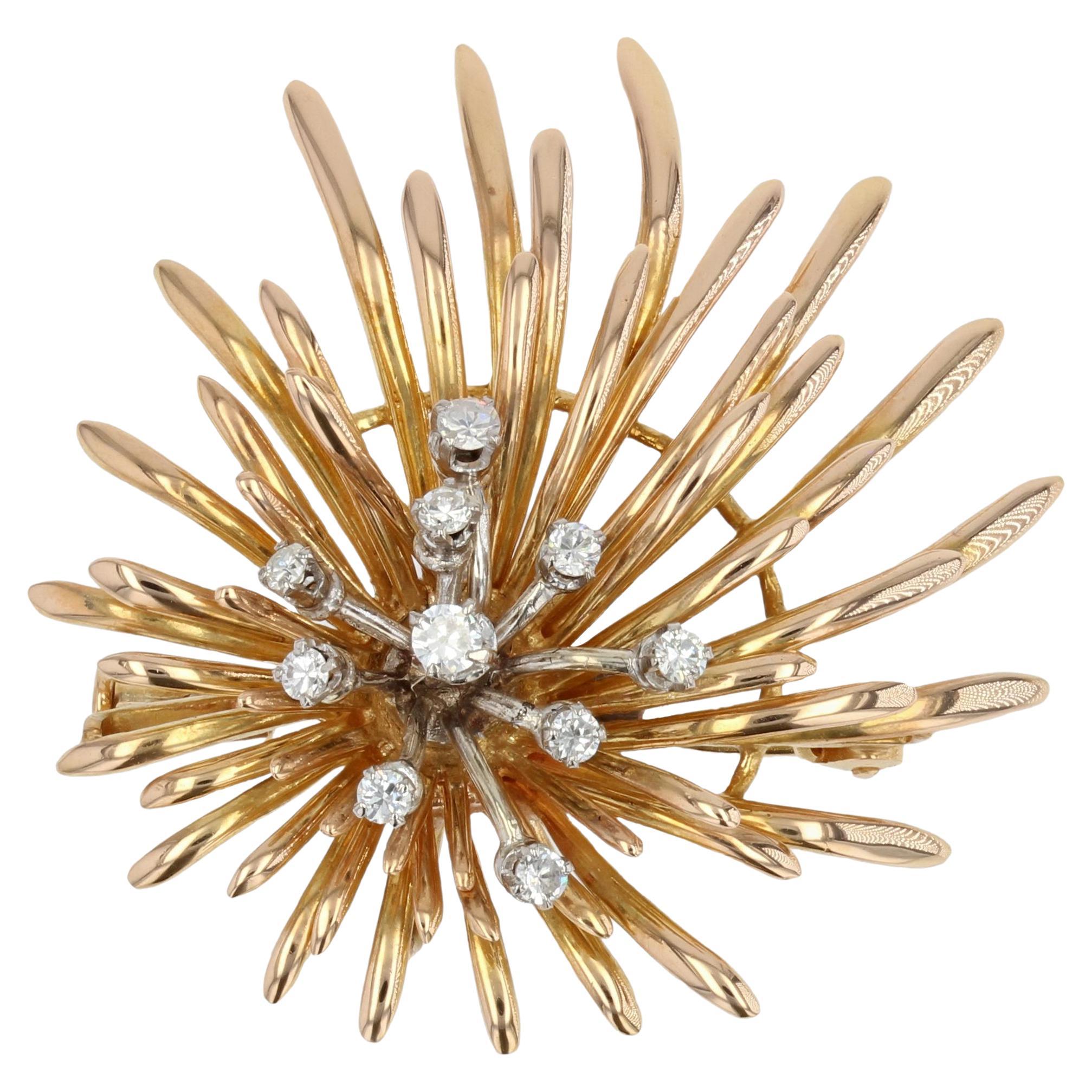 French Retro Diamond Gold Floral Brooch For Sale