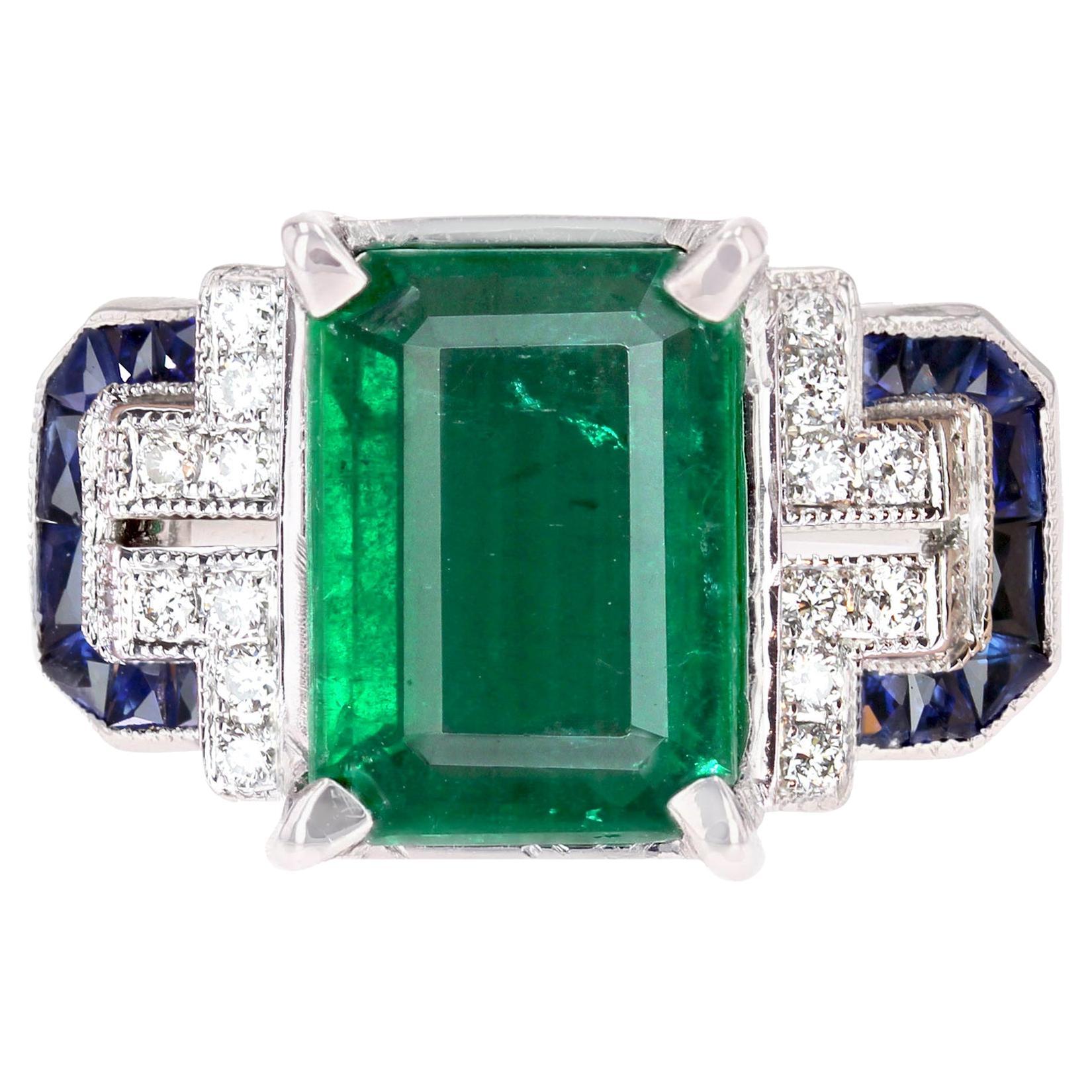 New Art Deco Style 3.44 carats Emerald Sapphires Diamonds 18K White Gold Ring