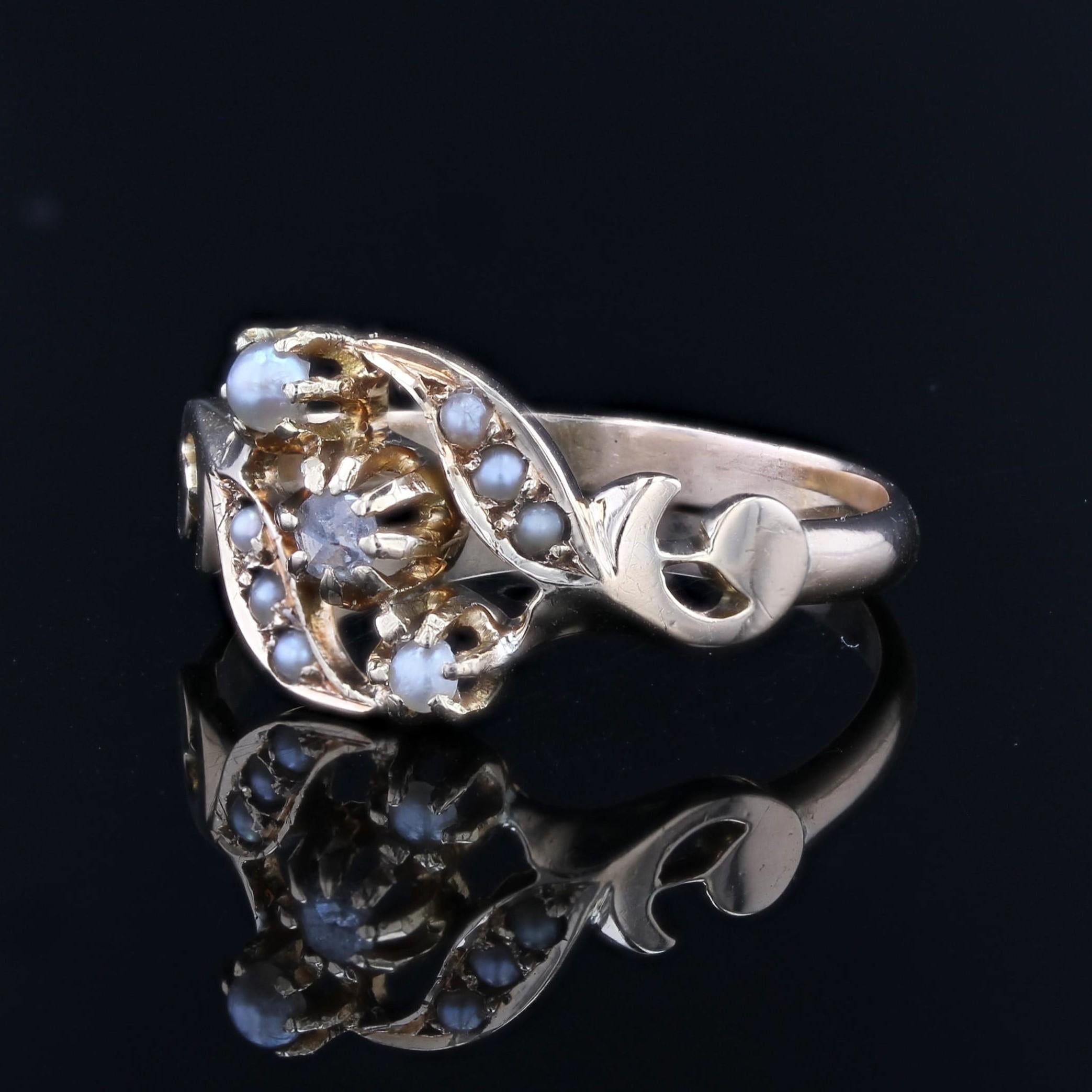 Bague française du 19ème siècle en or rose 18 carats, perles fines et diamants en vente 1